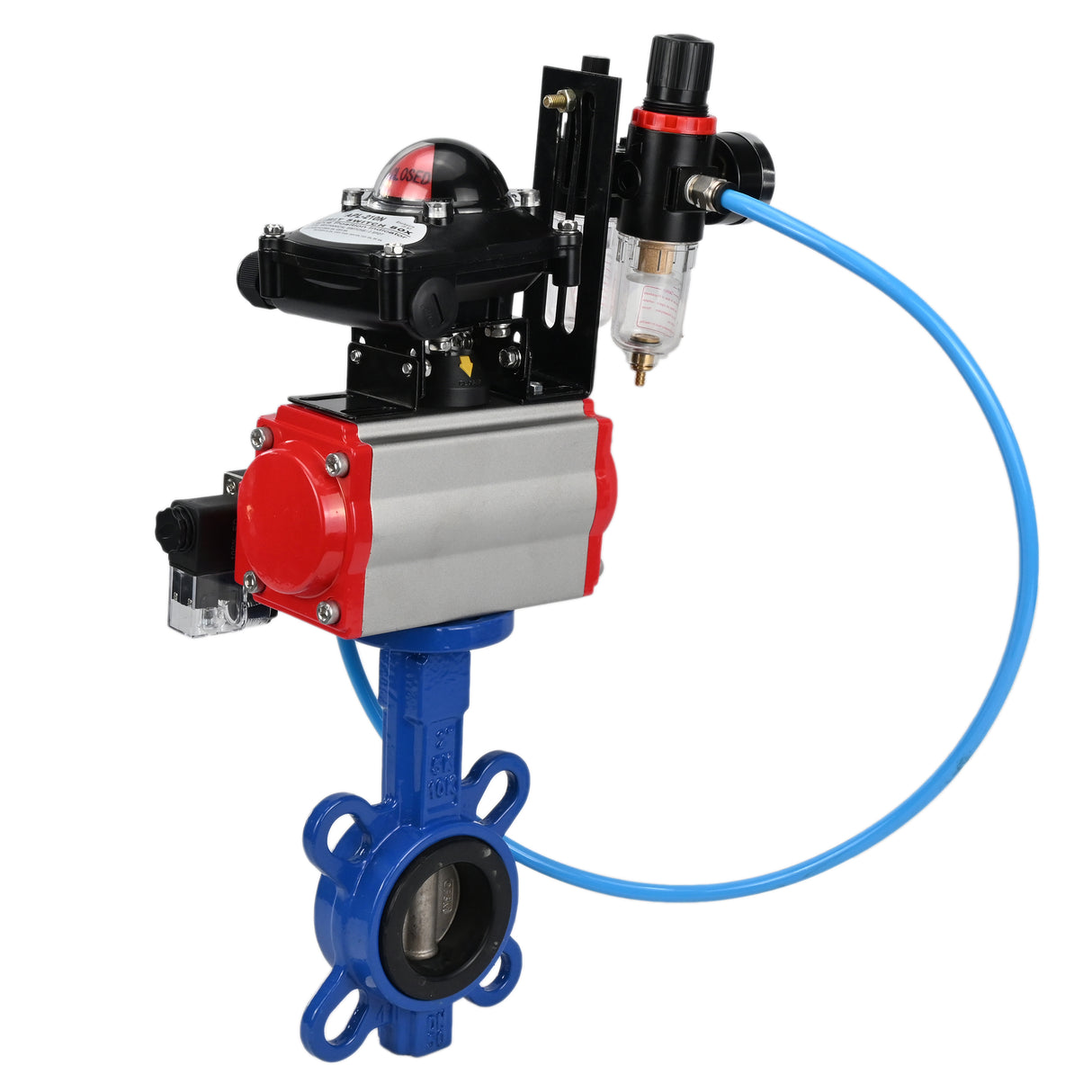 Wasser-Schmetterlingsventil Elephant WBV1413E-2W-Fb-H, Gehäusematerial - Gusseisen GGG50, Scheibenmaterial - Gusseisen GGG40, Dichtung - EPDM, mit pneumatischem Doppelwirkungsantrieb PA-DA, 4V320-10 220V, LSU APL-210N, ATU AFC2000