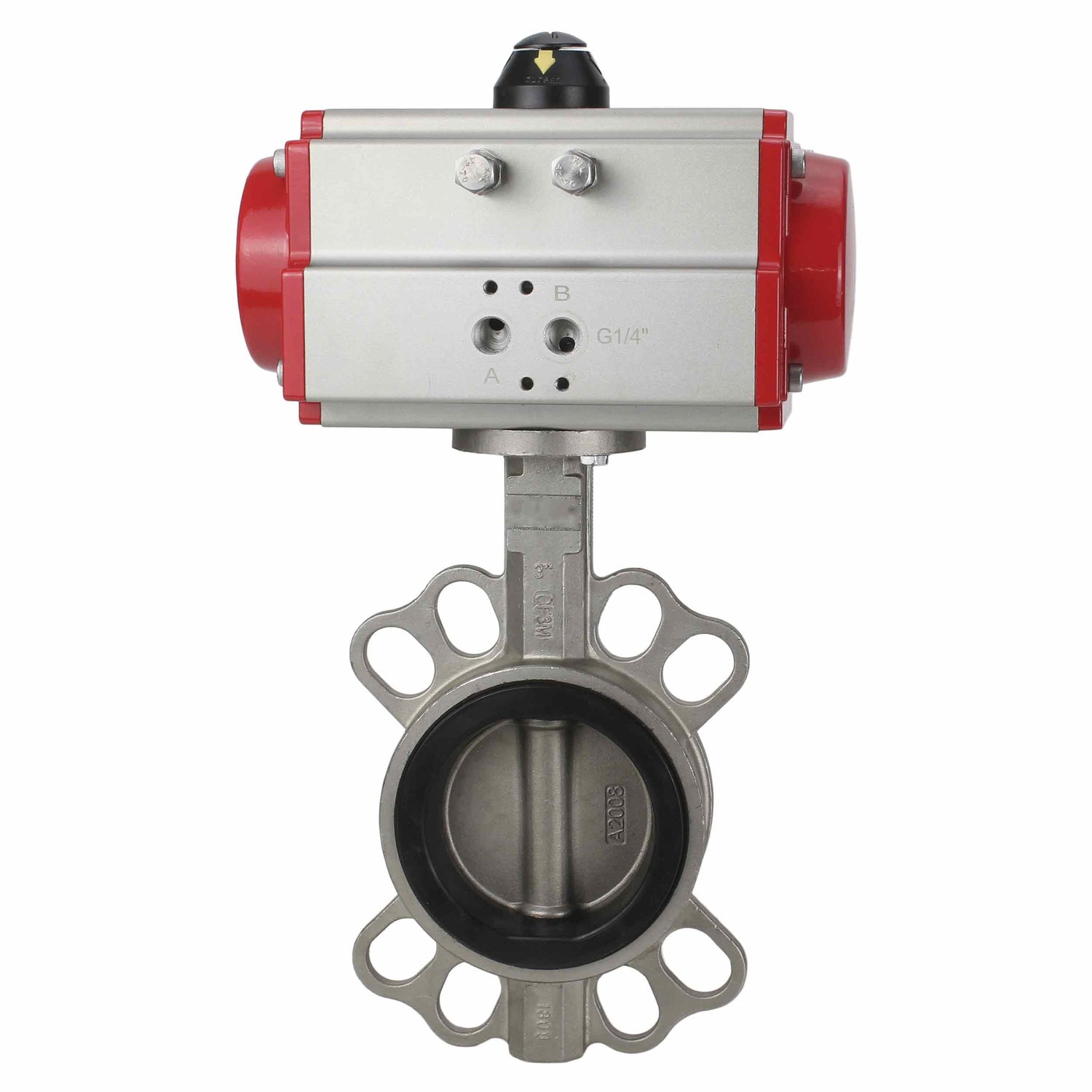 Wasser-Schmetterlingsventil Elephant WBV3131E-2W-Fb-H, Gehäusematerial - Edelstahl AISI 304, Scheibenmaterial - Edelstahl AISI 304, Dichtung - EPDM, pneumatischer Antrieb PA-DA Doppelwirkung