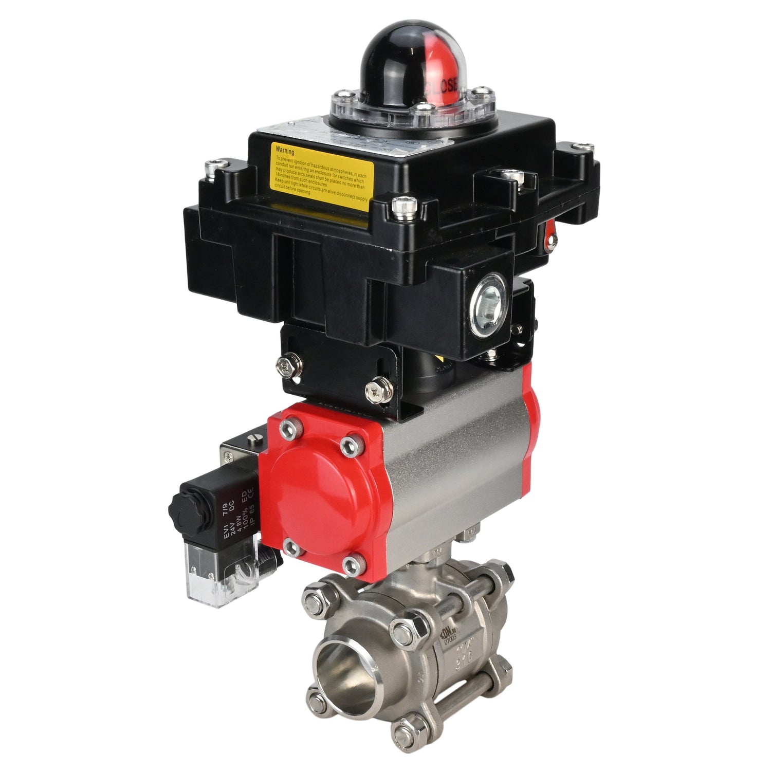 Edelstahl-Kugelhahn Elephant BVPP 316.200-ISO PSI914 SS316 mit vollem Durchgang, zum Schweißen, Gehäusematerial - Edelstahl, pneumatischer Antrieb Elephant SA, pneumatischer Verteiler 4M310-08 220 V, Endschalterblock APL-410N EX