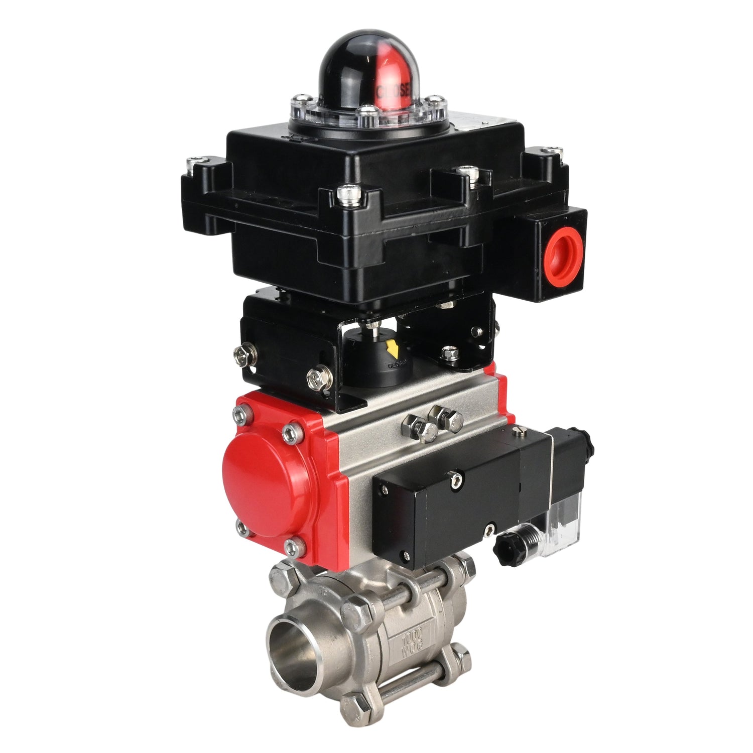 Edelstahl-Kugelhahn Elephant BVPP 316.200-ISO PSI914 SS316 mit vollem Durchgang, zum Schweißen, Gehäusematerial - Edelstahl, pneumatischer Antrieb Elephant DA, pneumatischer Verteiler 4M310-08 24 V, Endschalterblock APL-410N EX