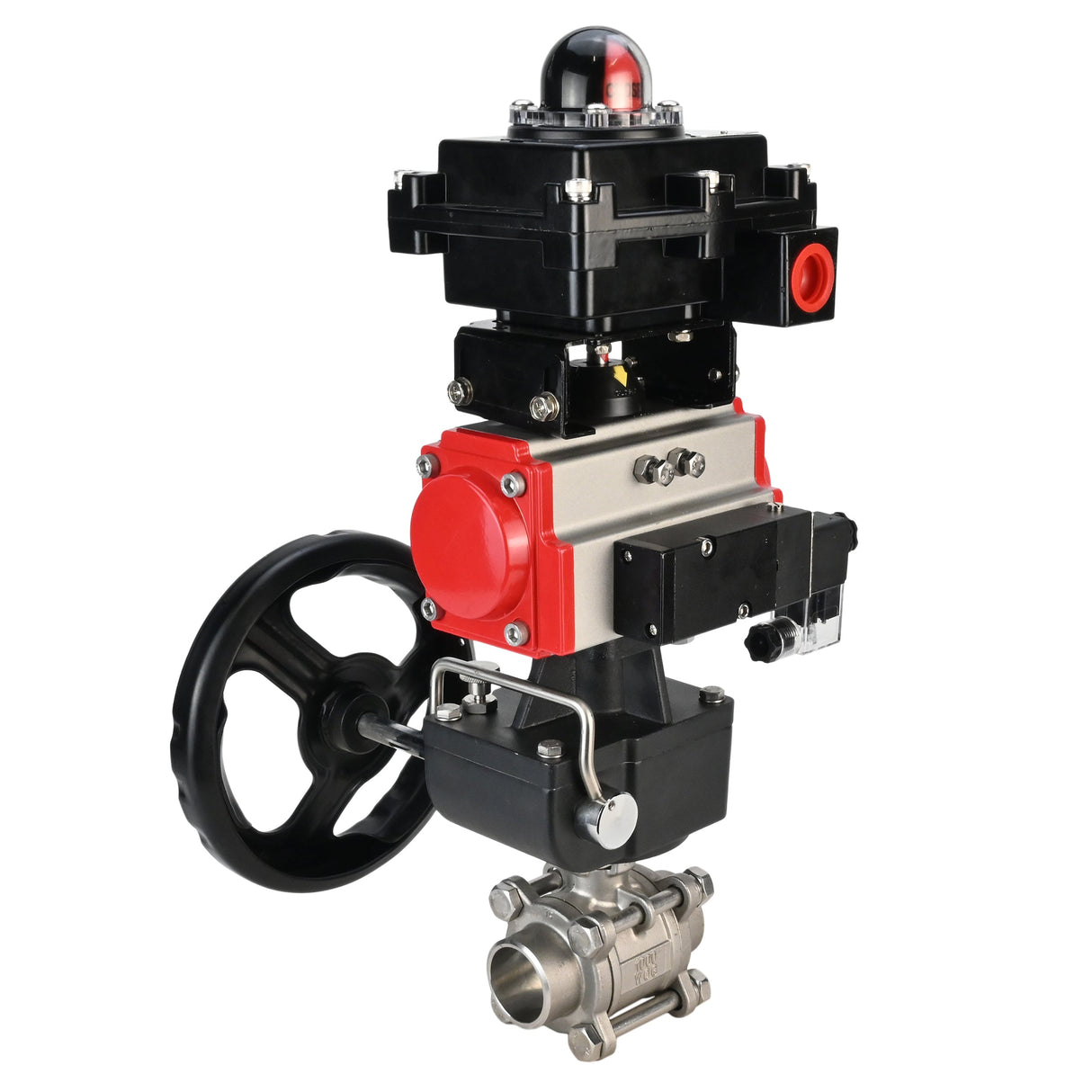 Edelstahl-Kugelhahn Elephant BVPP 316.200-ISO PSI914 SS316 mit vollem Durchgang, zum Schweißen, Gehäusematerial - Edelstahl, pneumatischer Antrieb Elephant DA, pneumatischer Verteiler 4M310-08 220 V, Endschalterblock APL-410N EX, Handnotbetätigung HDM