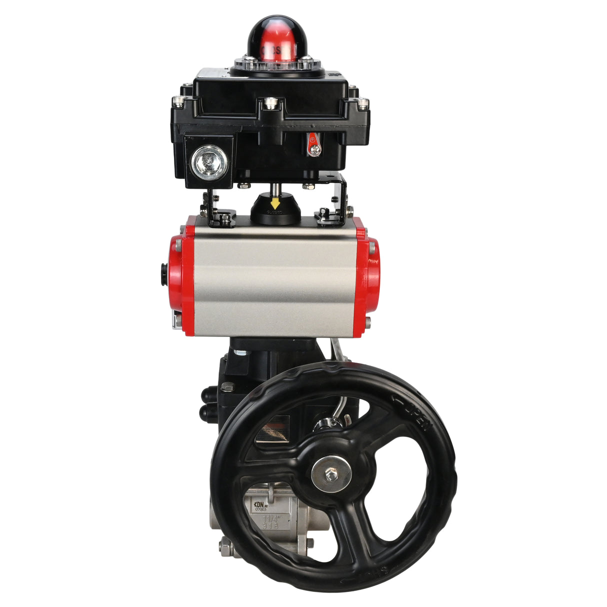 Edelstahl-Kugelhahn Elephant BVPP 316.200-ISO PSI914 SS316 mit vollem Durchgang, zum Schweißen, Gehäusematerial - Edelstahl, pneumatischer Antrieb Elephant DA, pneumatischer Verteiler 4M310-08 24 V, Endschalterblock APL-410N EX, Handnotbetätigung HDM