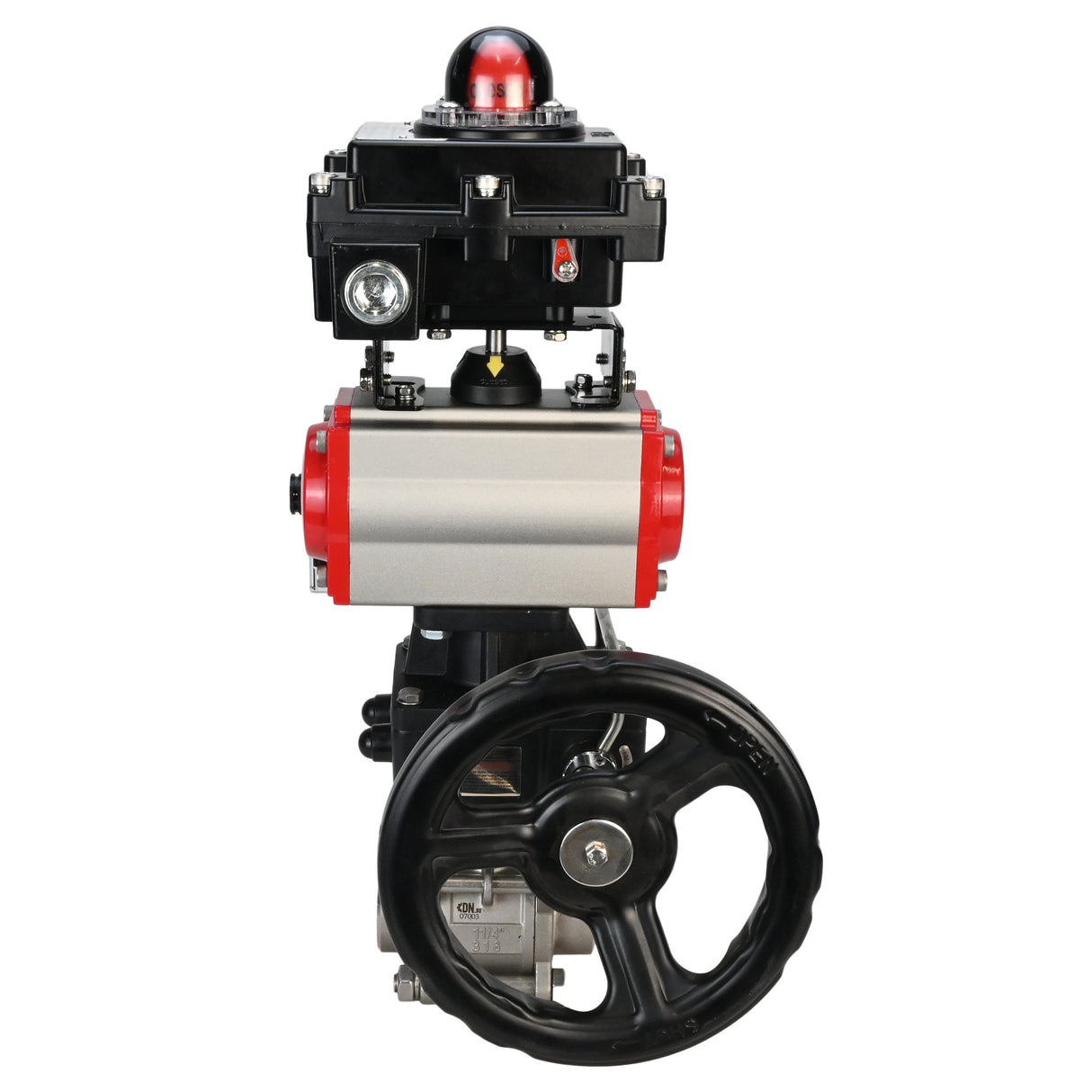 Edelstahl-Kugelhahn Elephant BVPP 316.200-ISO PSI914 SS316 mit vollem Durchgang, zum Schweißen, Gehäusematerial - Edelstahl, pneumatischer Antrieb Elephant DA, pneumatischer Verteiler 4M310-08 220 V, Endschalterblock APL-410N EX, Handnotbetätigung HDM