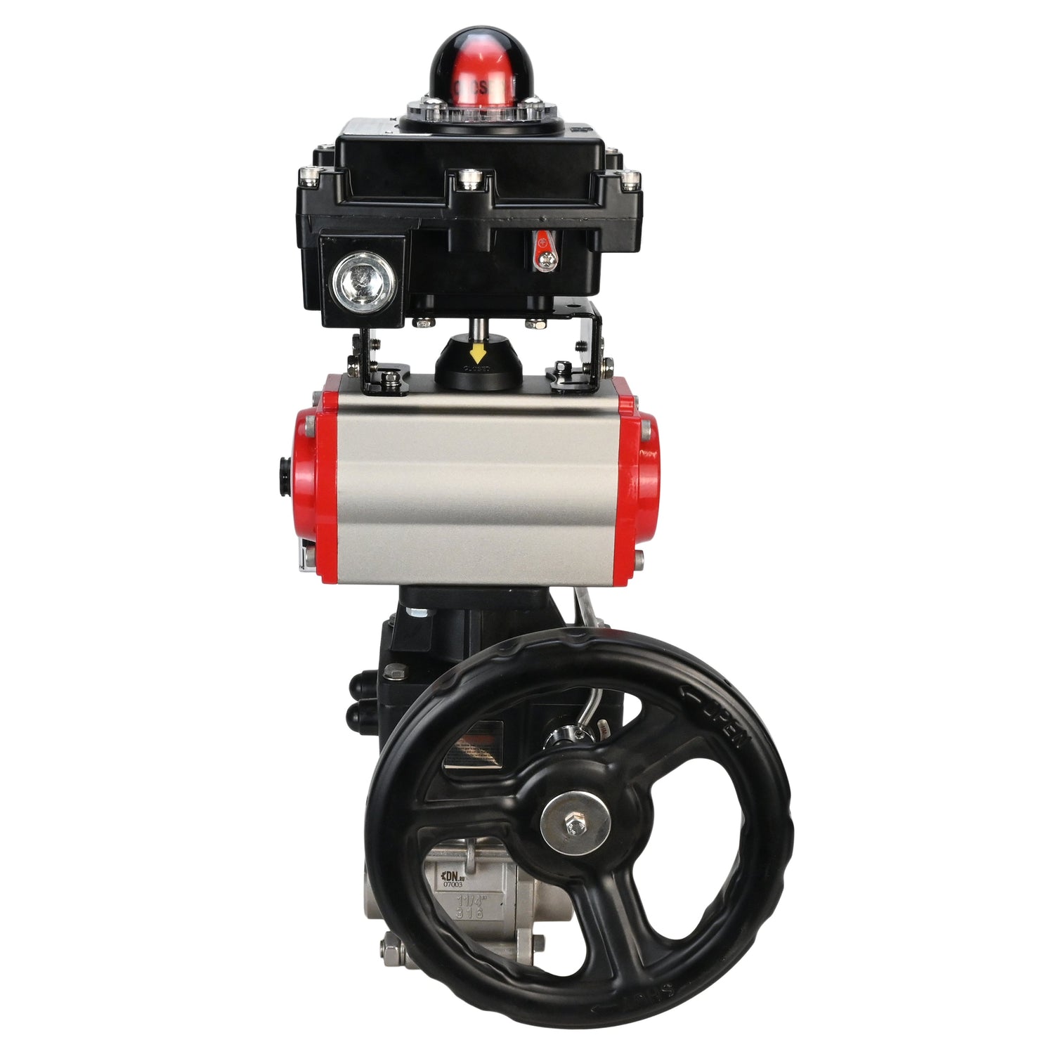 Edelstahl-Kugelhahn Elephant BVPP 316.200-ISO PSI914 SS316 mit vollem Durchgang, zum Schweißen, Gehäusematerial - Edelstahl, pneumatischer Antrieb Elephant DA, pneumatischer Verteiler 4M310-08 220 V, Endschalterblock APL-410N EX, Handnotbetätigung HDM