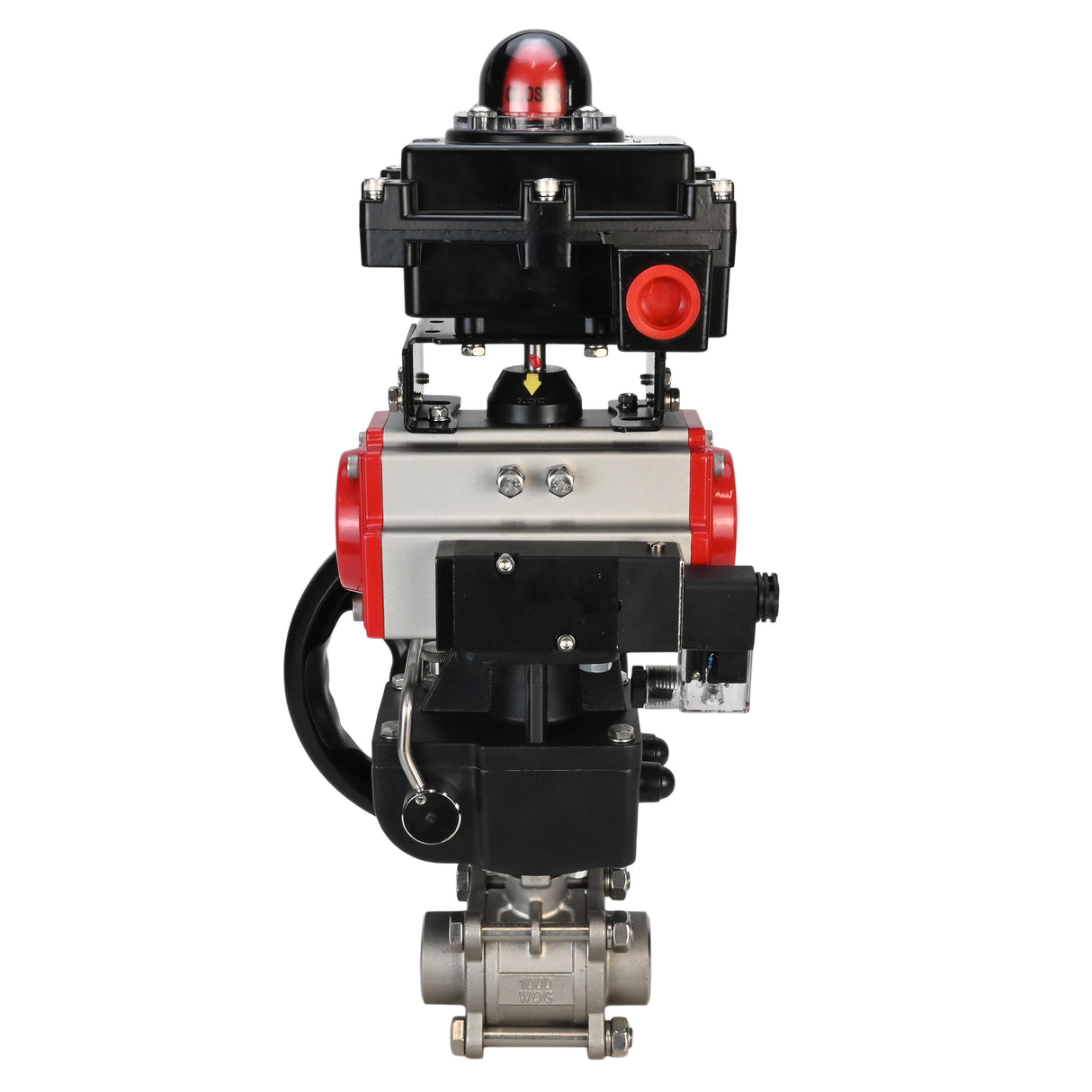 Edelstahl-Kugelhahn Elephant BVPP 316.200-ISO PSI914 SS316 mit vollem Durchgang, zum Schweißen, Gehäusematerial - Edelstahl, pneumatischer Antrieb Elephant DA, pneumatischer Verteiler 4M310-08 24 V, Endschalterblock APL-410N EX, Handnotbetätigung HDM