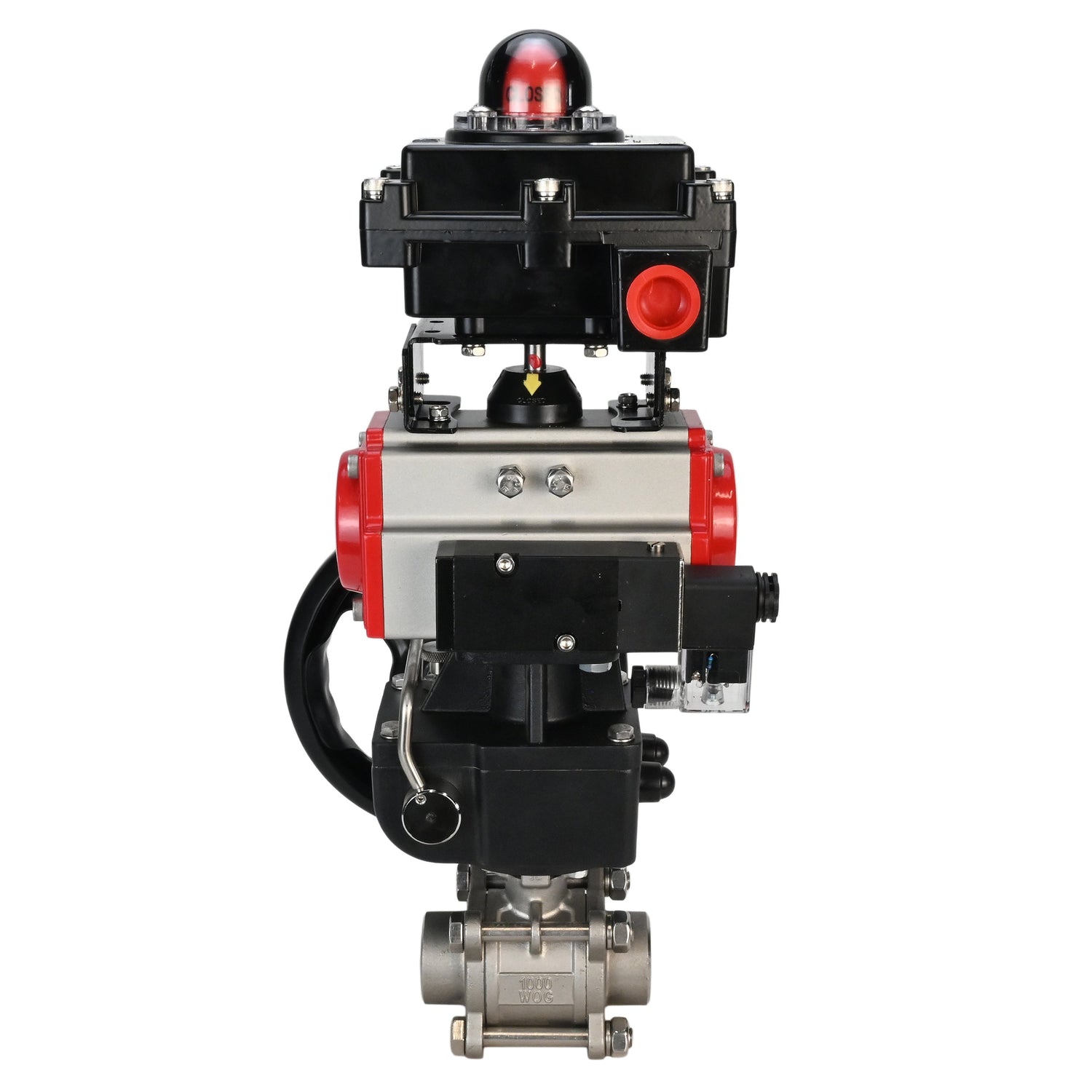 Edelstahl-Kugelhahn Elephant BVPP 316.200-ISO PSI914 SS316 mit vollem Durchgang, zum Schweißen, Gehäusematerial - Edelstahl, pneumatischer Antrieb Elephant DA, pneumatischer Verteiler 4M310-08 24 V, Endschalterblock APL-410N EX, Handnotbetätigung HDM