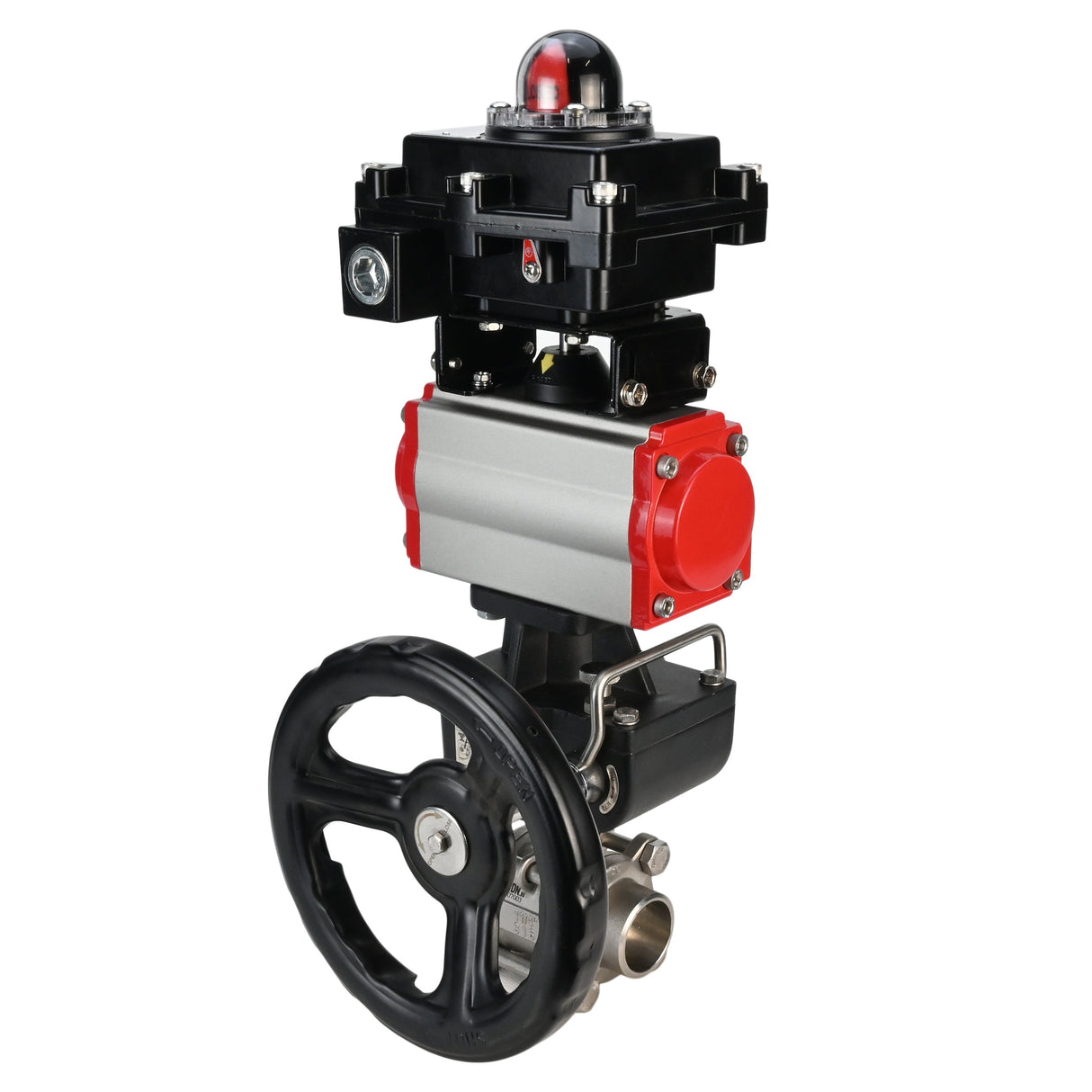 Edelstahl-Kugelhahn Elephant BVPP 316.200-ISO PSI914 SS316 mit vollem Durchgang, zum Schweißen, Gehäusematerial - Edelstahl, pneumatischer Antrieb Elephant DA, pneumatischer Verteiler 4M310-08 24 V, Endschalterblock APL-410N EX, Handnotbetätigung HDM