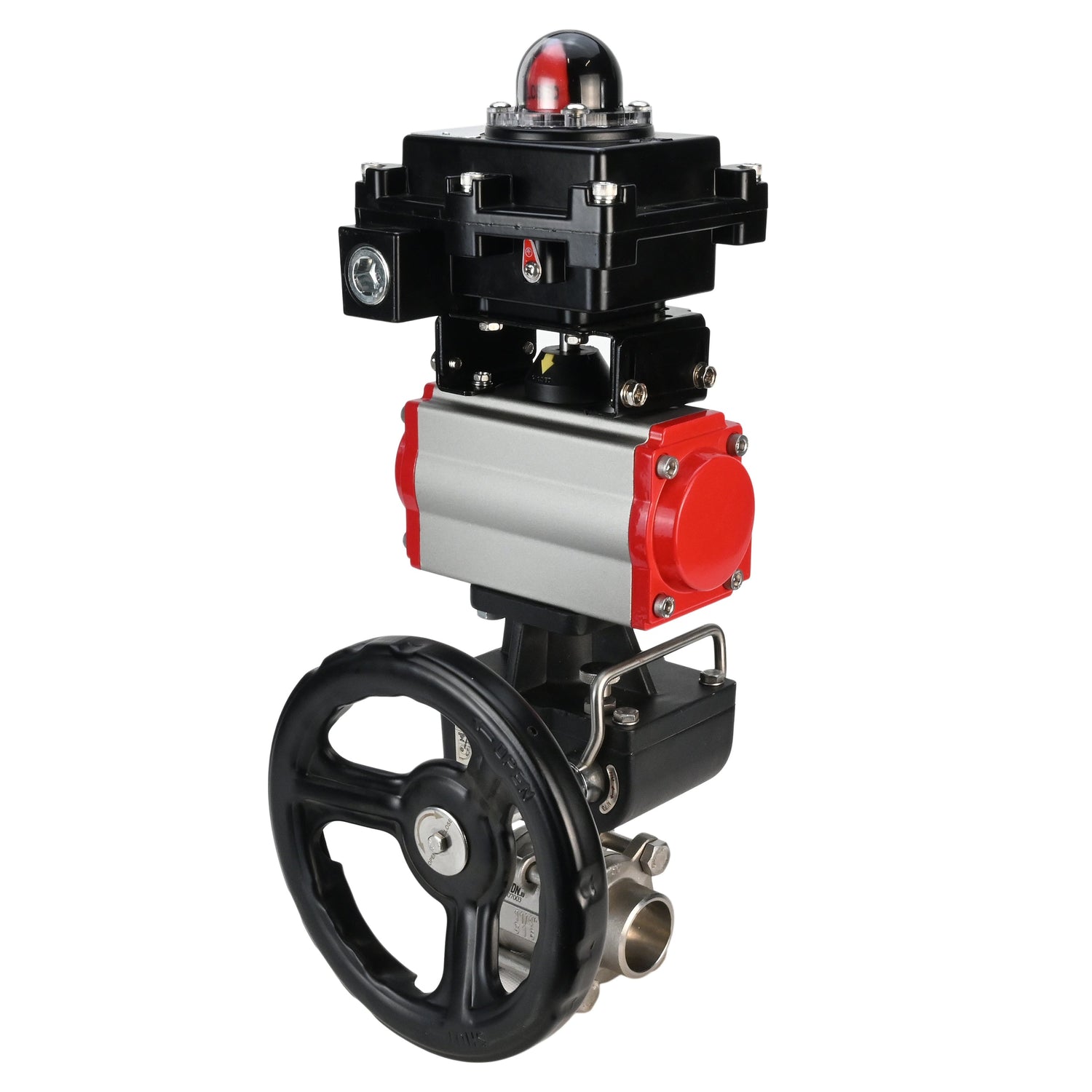 Edelstahl-Kugelhahn Elephant BVPP 316.200-ISO PSI914 SS316 mit vollem Durchgang, zum Schweißen, Gehäusematerial - Edelstahl, pneumatischer Antrieb Elephant DA, pneumatischer Verteiler 4M310-08 220 V, Endschalterblock APL-410N EX, Handnotbetätigung HDM