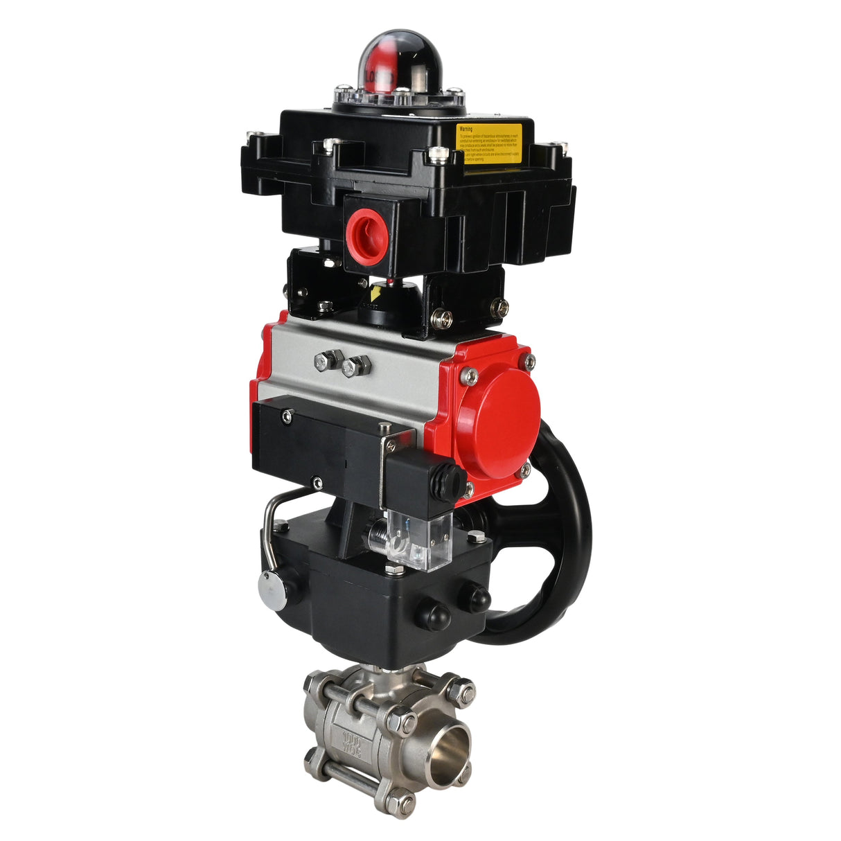 Edelstahl-Kugelhahn Elephant BVPP 316.200-ISO PSI914 SS316 mit vollem Durchgang, zum Schweißen, Gehäusematerial - Edelstahl, pneumatischer Antrieb Elephant DA, pneumatischer Verteiler 4M310-08 24 V, Endschalterblock APL-410N EX, Handnotbetätigung HDM