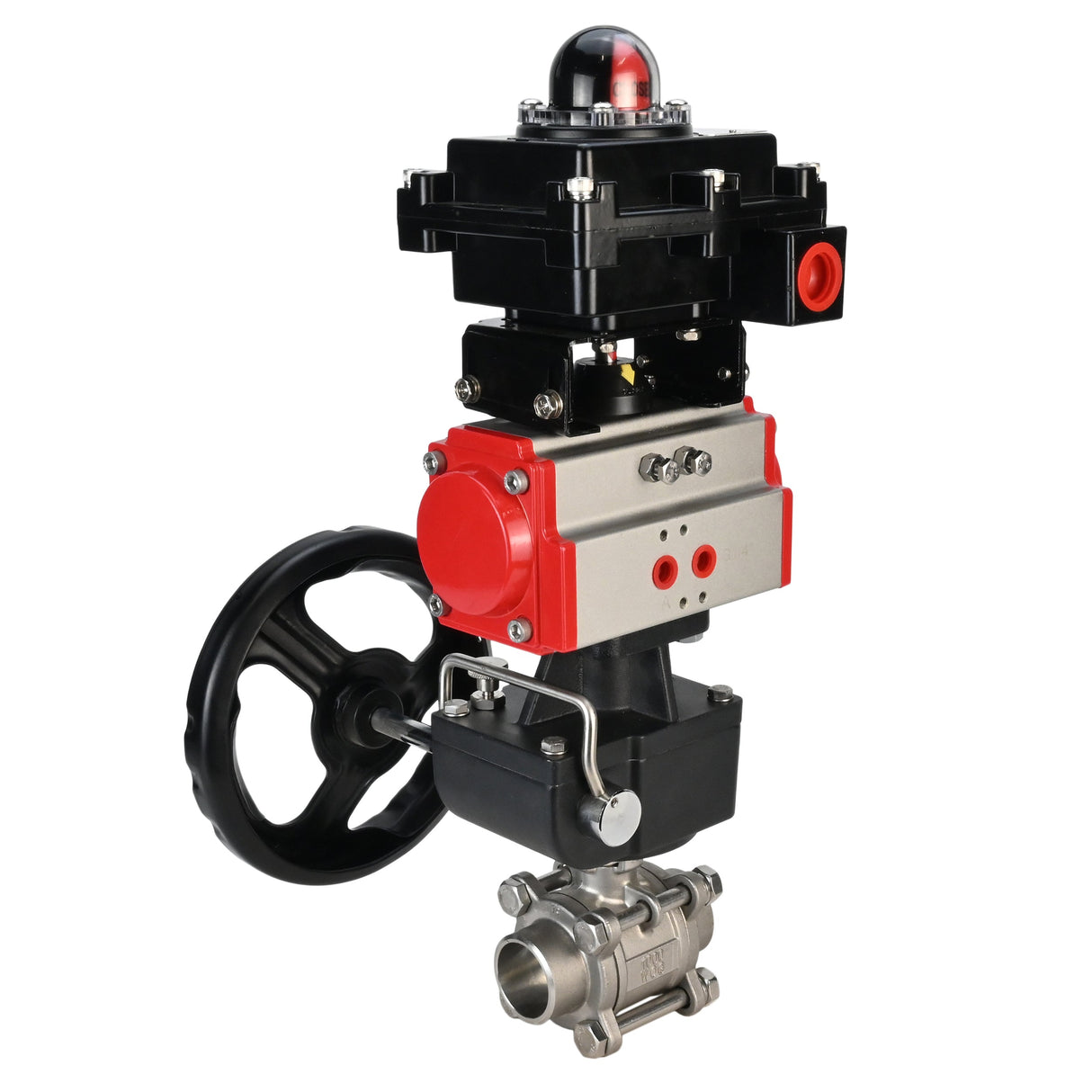 Edelstahl-Kugelhahn Elephant BVPP 316.200-ISO PSI914 SS316 mit vollem Durchgang, zum Schweißen, Gehäusematerial - Edelstahl, pneumatischer Antrieb Elephant DA, Endschalterblock APL-410N EX, Handnotbetätigung HDM