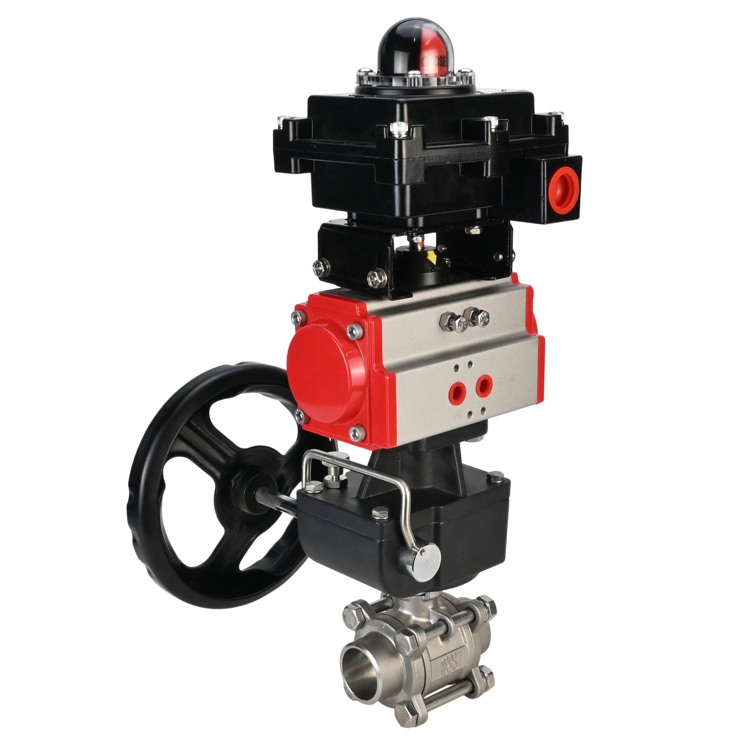 Edelstahl-Kugelhahn Elephant BVPP 316.200-ISO PSI914 SS316 mit vollem Durchgang, zum Schweißen, Gehäusematerial - Edelstahl, pneumatischer Antrieb Elephant DA, Endschalterblock APL-410N EX, Handnotbetätigung HDM