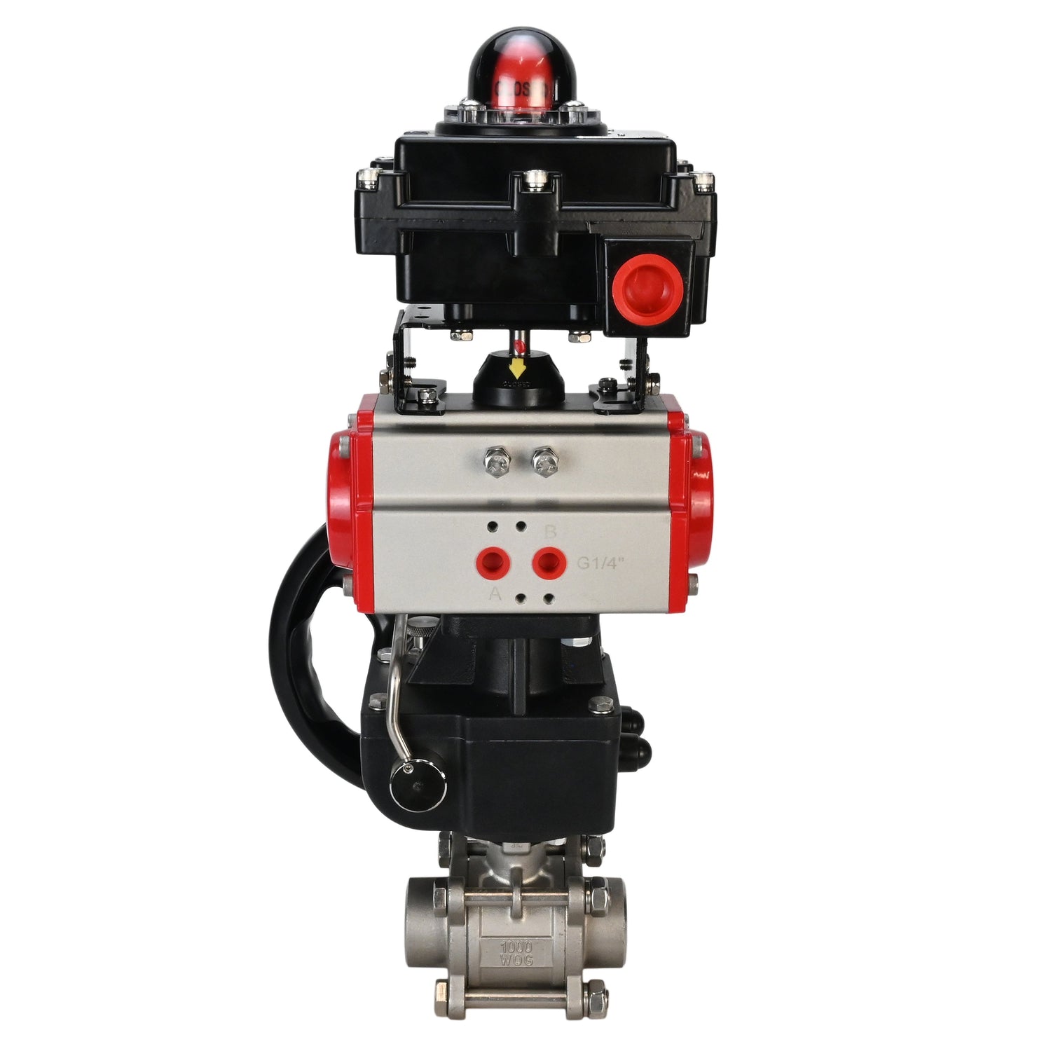 Edelstahl-Kugelhahn Elephant BVPP 316.200-ISO PSI914 SS316 mit vollem Durchgang, zum Schweißen, Gehäusematerial - Edelstahl, pneumatischer Antrieb Elephant DA, Endschalterblock APL-410N EX, Handnotbetätigung HDM