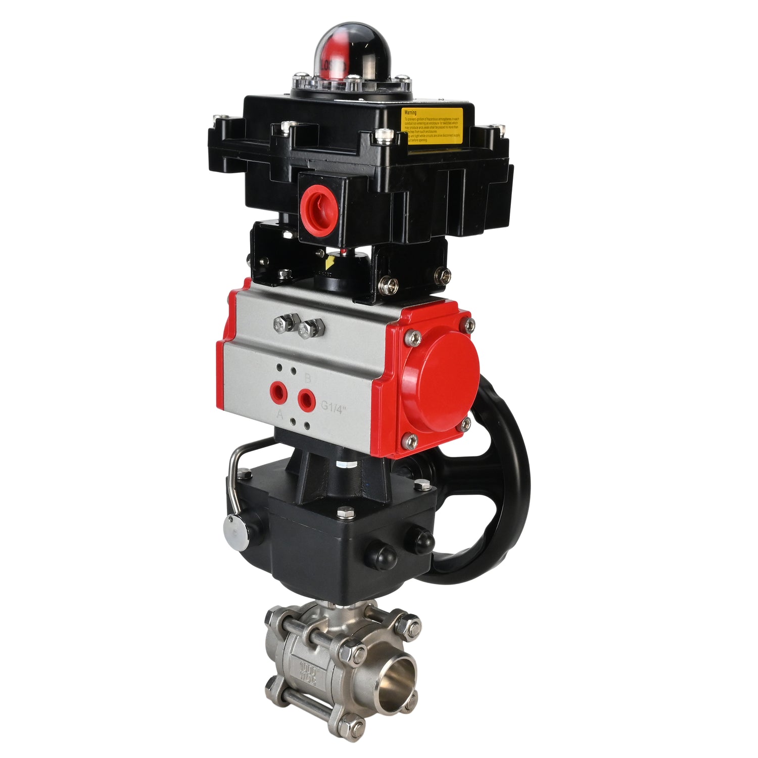 Edelstahl-Kugelhahn Elephant BVPP 316.200-ISO PSI914 SS316 mit vollem Durchgang, zum Schweißen, Gehäusematerial - Edelstahl, pneumatischer Antrieb Elephant DA, Endschalterblock APL-410N EX, Handnotbetätigung HDM