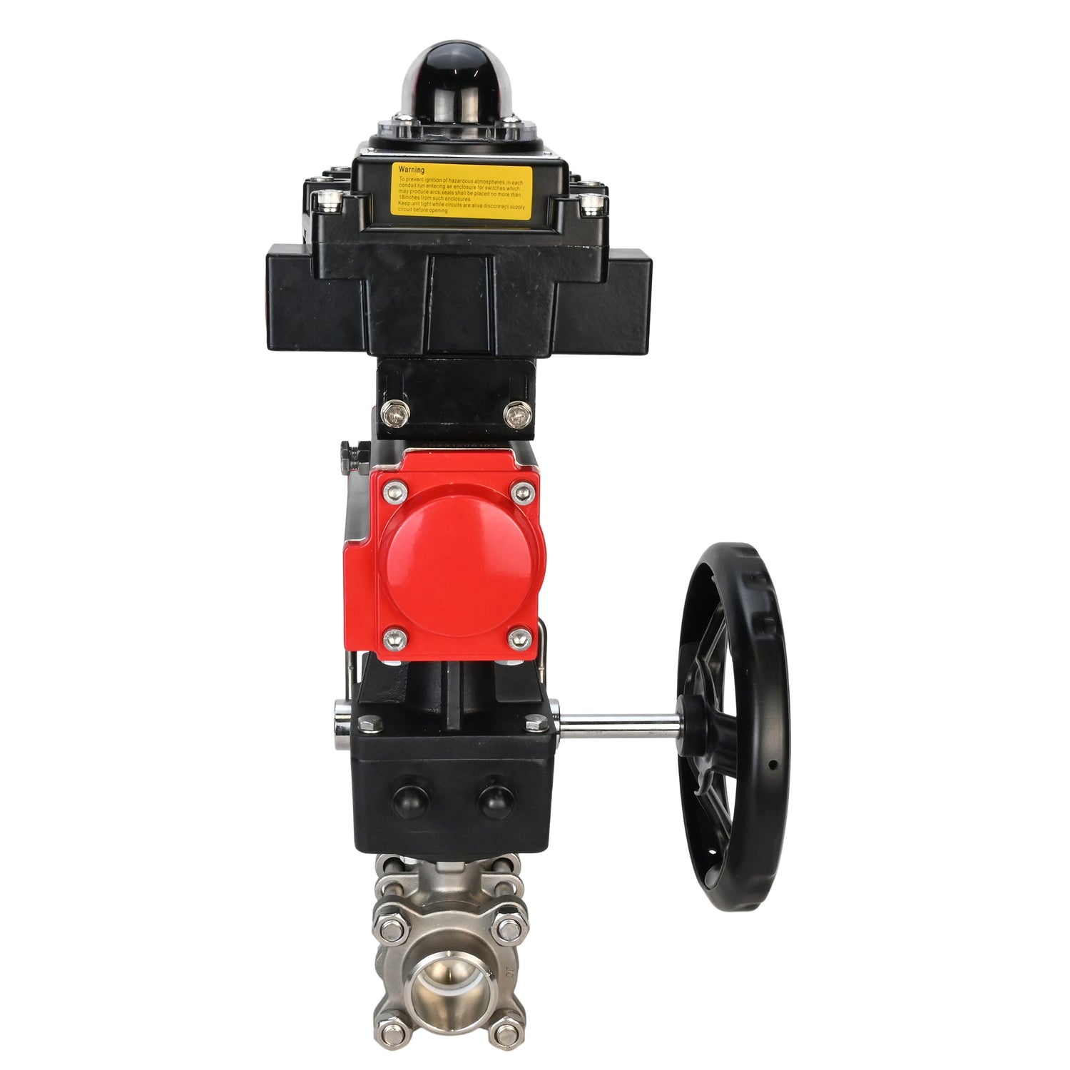 Edelstahl-Kugelhahn Elephant BVPP 316.200-ISO PSI914 SS316 mit vollem Durchgang, zum Schweißen, Gehäusematerial - Edelstahl, pneumatischer Antrieb Elephant DA, Endschalterblock APL-410N EX, Handnotbetätigung HDM