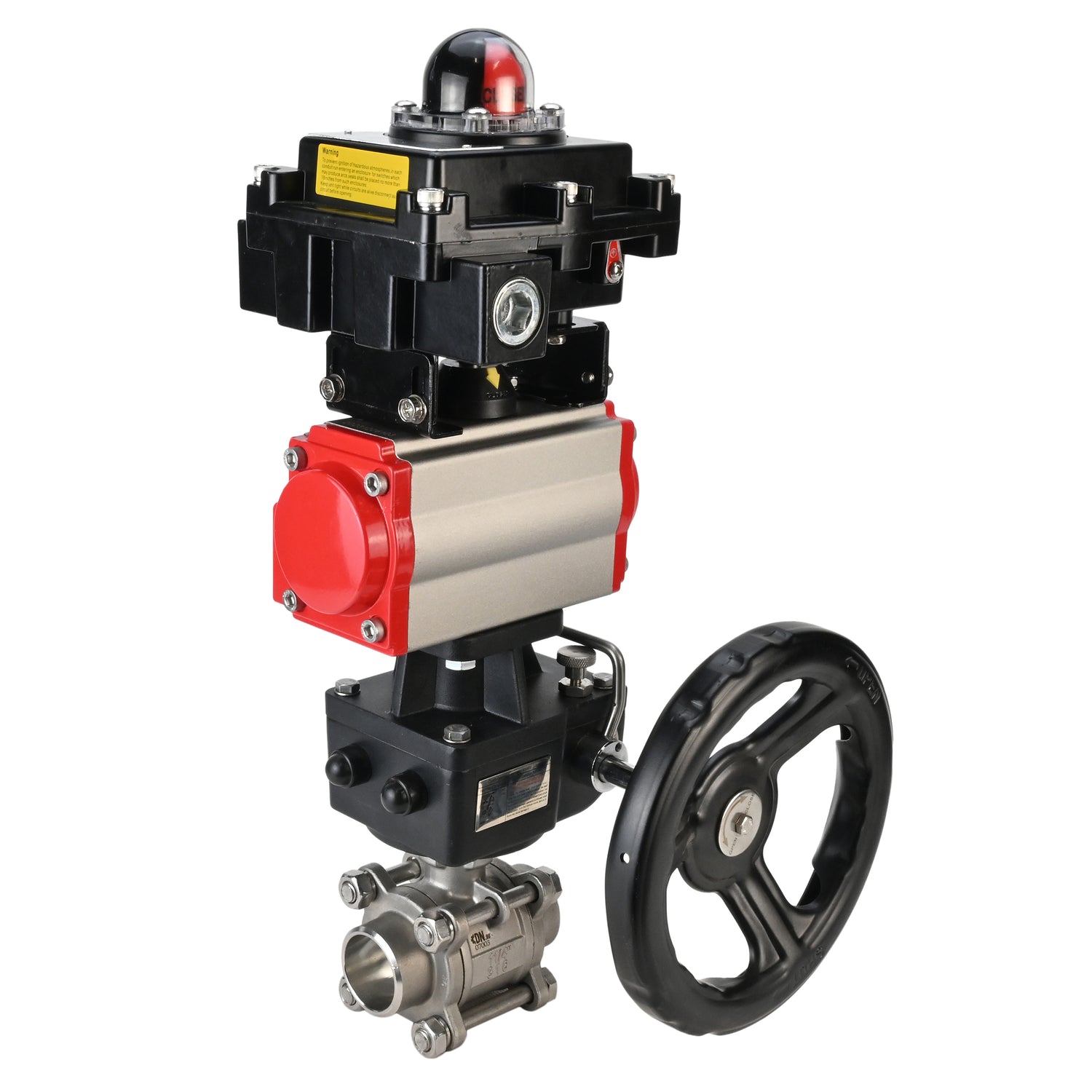 Edelstahl-Kugelhahn Elephant BVPP 316.200-ISO PSI914 SS316 mit vollem Durchgang, zum Schweißen, Gehäusematerial - Edelstahl, pneumatischer Antrieb Elephant DA, Endschalterblock APL-410N EX, Handnotbetätigung HDM