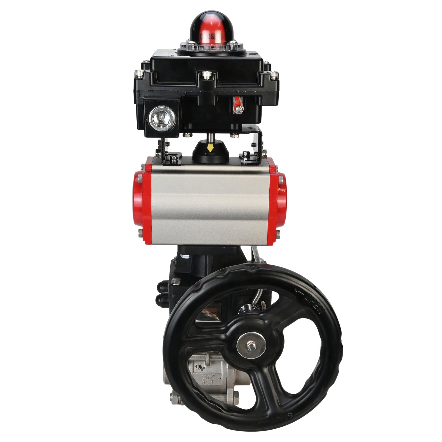 Edelstahl-Kugelhahn Elephant BVPP 316.200-ISO PSI914 SS316 mit vollem Durchgang, zum Schweißen, Gehäusematerial - Edelstahl, pneumatischer Antrieb Elephant DA, Endschalterblock APL-410N EX, Handnotbetätigung HDM