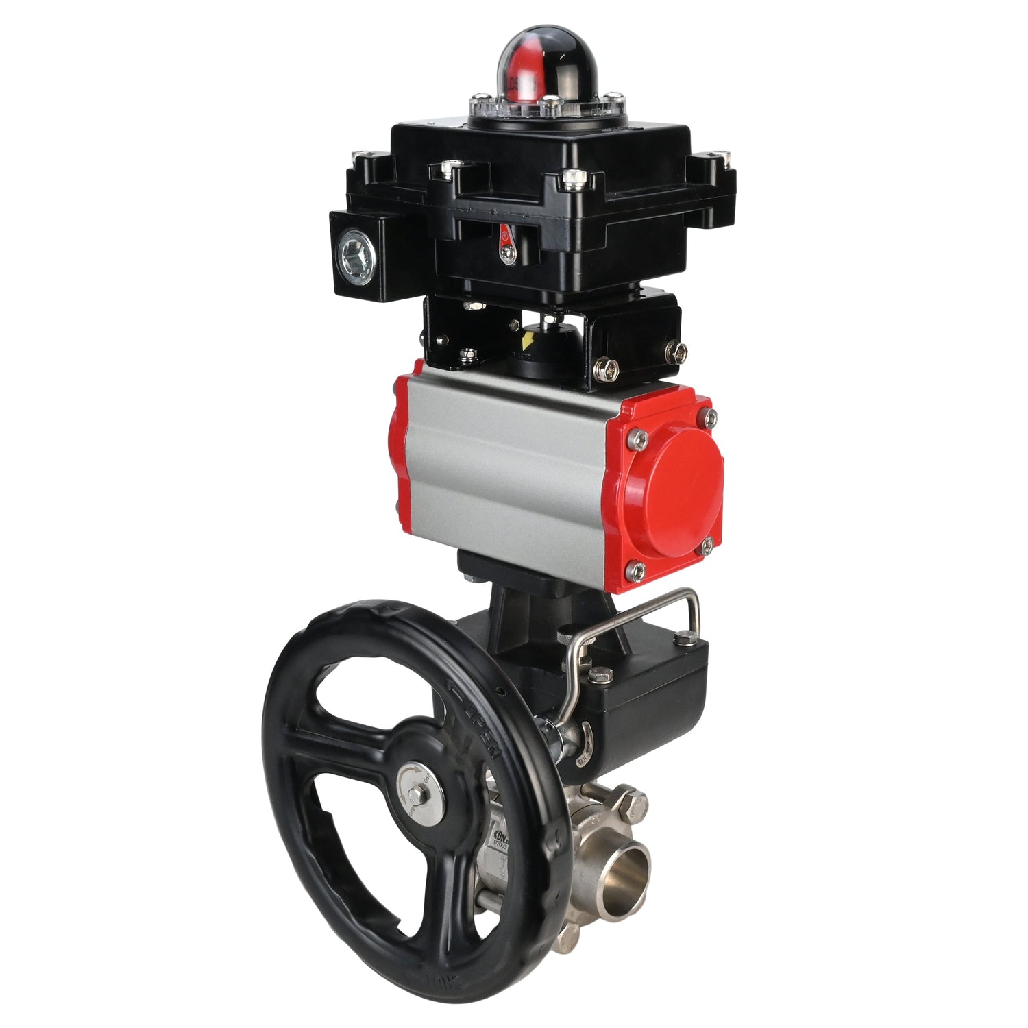 Edelstahl-Kugelhahn Elephant BVPP 316.200-ISO PSI914 SS316 mit vollem Durchgang, zum Schweißen, Gehäusematerial - Edelstahl, pneumatischer Antrieb Elephant DA, Endschalterblock APL-410N EX, Handnotbetätigung HDM