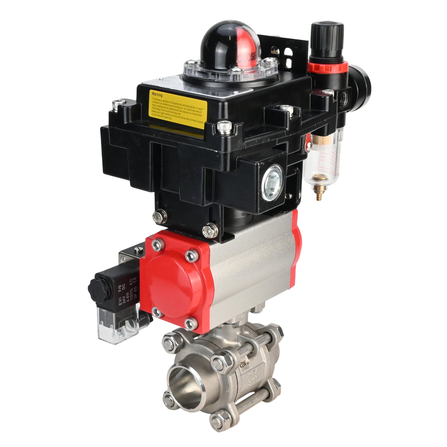 Kugelhahn aus Edelstahl Elephant BVPP 316.200-ISO PSI914 SS316 Vollport, zum Schweißen, Gehäusematerial - Edelstahl, pneumatischer Antrieb Elephant SA, pneumatischer Verteiler 4M310-08 220 V, Endschalterblock APL-410N EX, Luftaufbereitungseinheit AFC2000