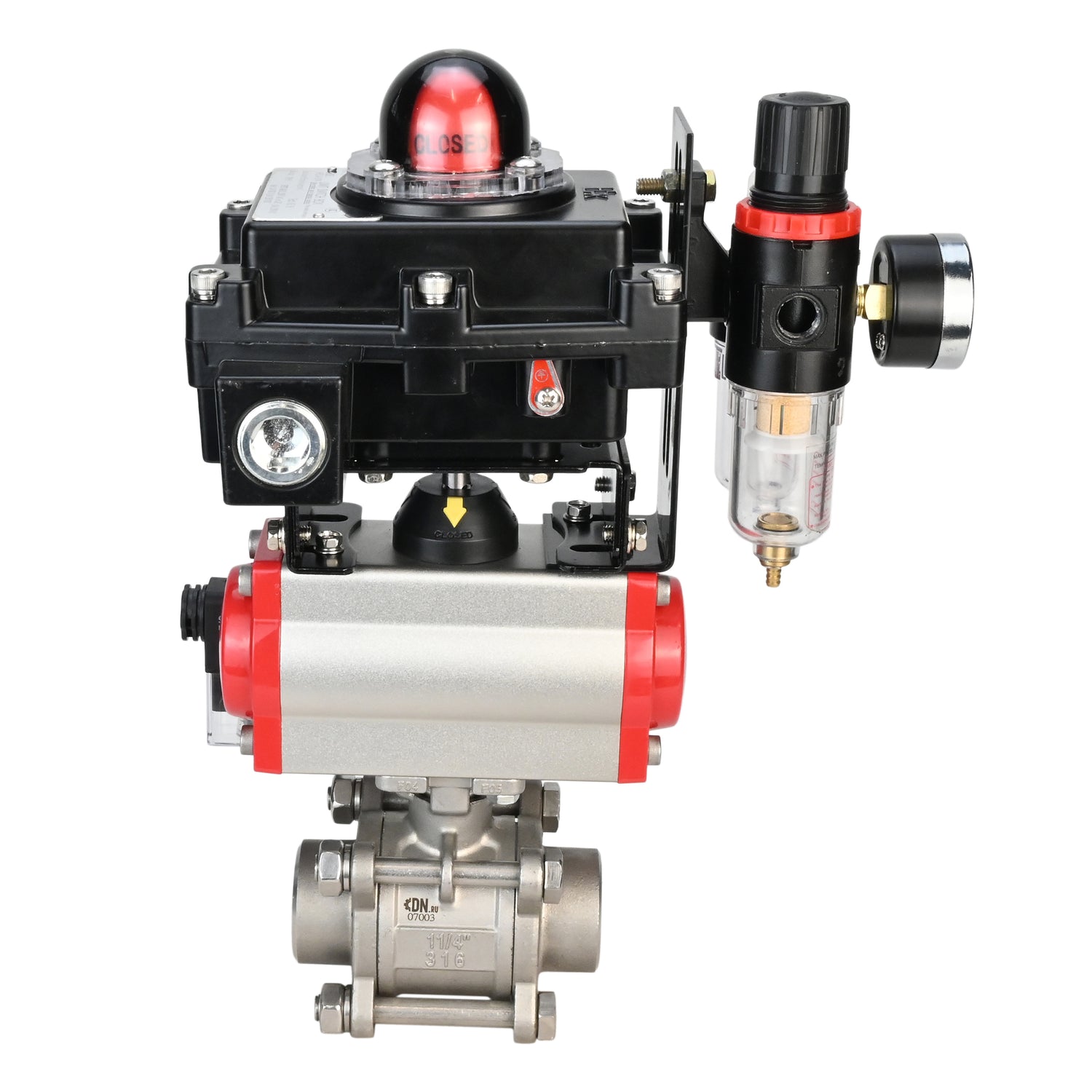 Kugelhahn aus Edelstahl Elephant BVPP 316.200-ISO PSI914 SS316 Vollport, zum Schweißen, Gehäusematerial - Edelstahl, pneumatischer Antrieb Elephant DA, pneumatischer Verteiler 4M310-08 220 V, Endschalterblock APL-410N EX, Luftaufbereitungseinheit AFC2000