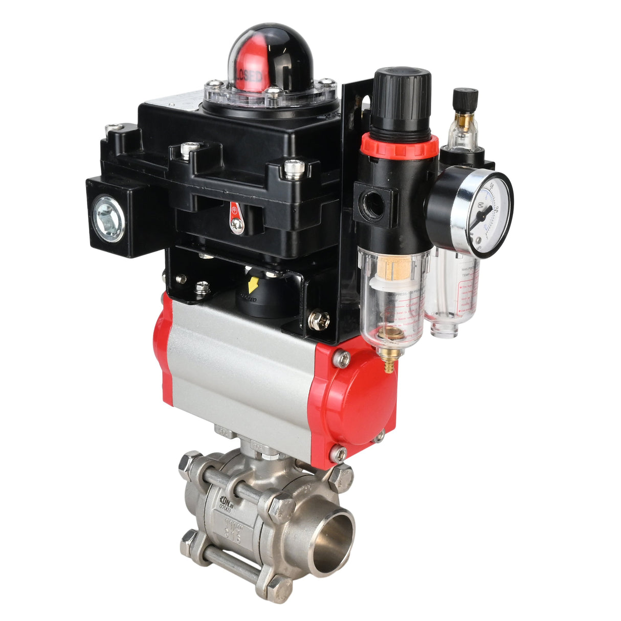 Kugelhahn aus Edelstahl Elephant BVPP 316.200-ISO PSI914 SS316 Vollport, zum Schweißen, Gehäusematerial - Edelstahl, pneumatischer Antrieb Elephant SA, pneumatischer Verteiler 4M310-08 220 V, Endschalterblock APL-410N EX, Luftaufbereitungseinheit AFC2000