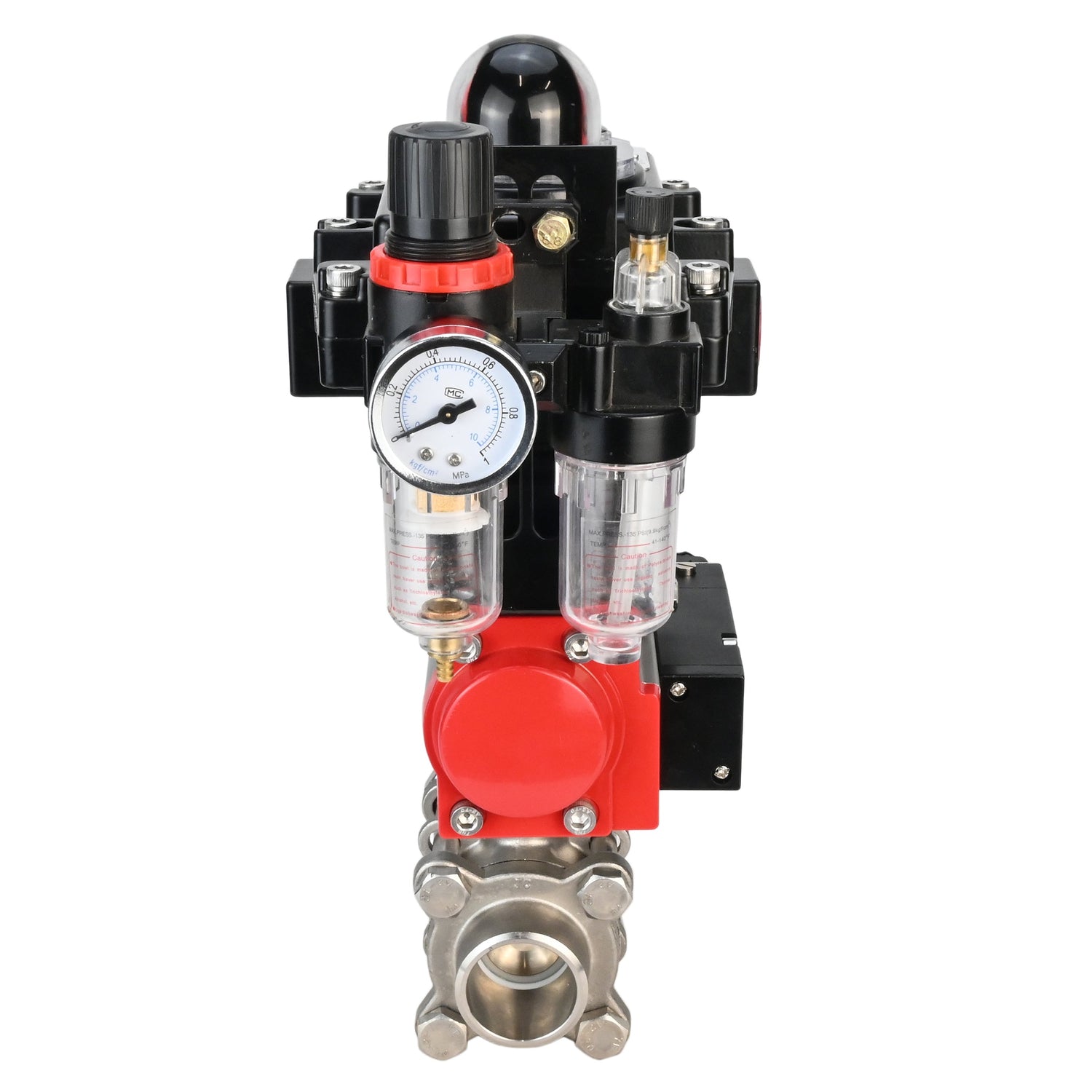 Kugelhahn aus Edelstahl Elephant BVPP 316.200-ISO PSI914 SS316 Vollport, zum Schweißen, Gehäusematerial - Edelstahl, pneumatischer Antrieb Elephant DA, pneumatischer Verteiler 4M310-08 24 V, Endschalterblock APL-410N EX, Luftaufbereitungseinheit AFC2000