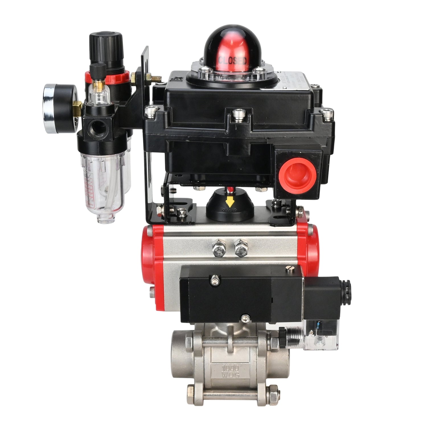 Kugelhahn aus Edelstahl Elephant BVPP 316.200-ISO PSI914 SS316 Vollport, zum Schweißen, Gehäusematerial - Edelstahl, pneumatischer Antrieb Elephant DA, pneumatischer Verteiler 4M310-08 24 V, Endschalterblock APL-410N EX, Luftaufbereitungseinheit AFC2000