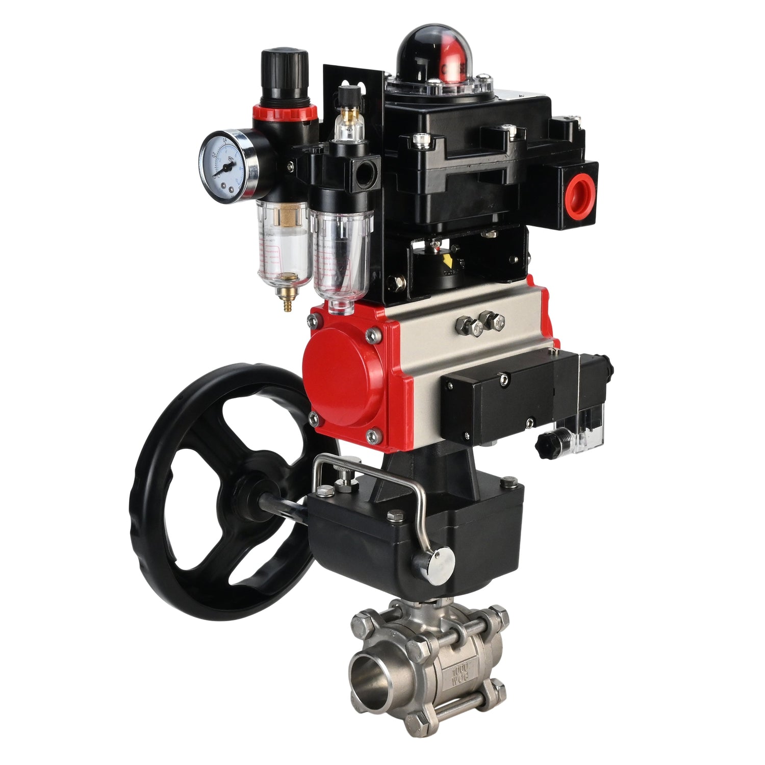 Kugelhahn aus Edelstahl Elephant BVPP 316.200-ISO PSI914 SS316 Vollport, zum Schweißen, Gehäusematerial - Edelstahl, pneumatischer Antrieb Elephant DA, pneumatischer Verteiler 4M310-08 220 V, Endschalterblock APL-410N EX, manuelle Übersteuerung HDM, Luft