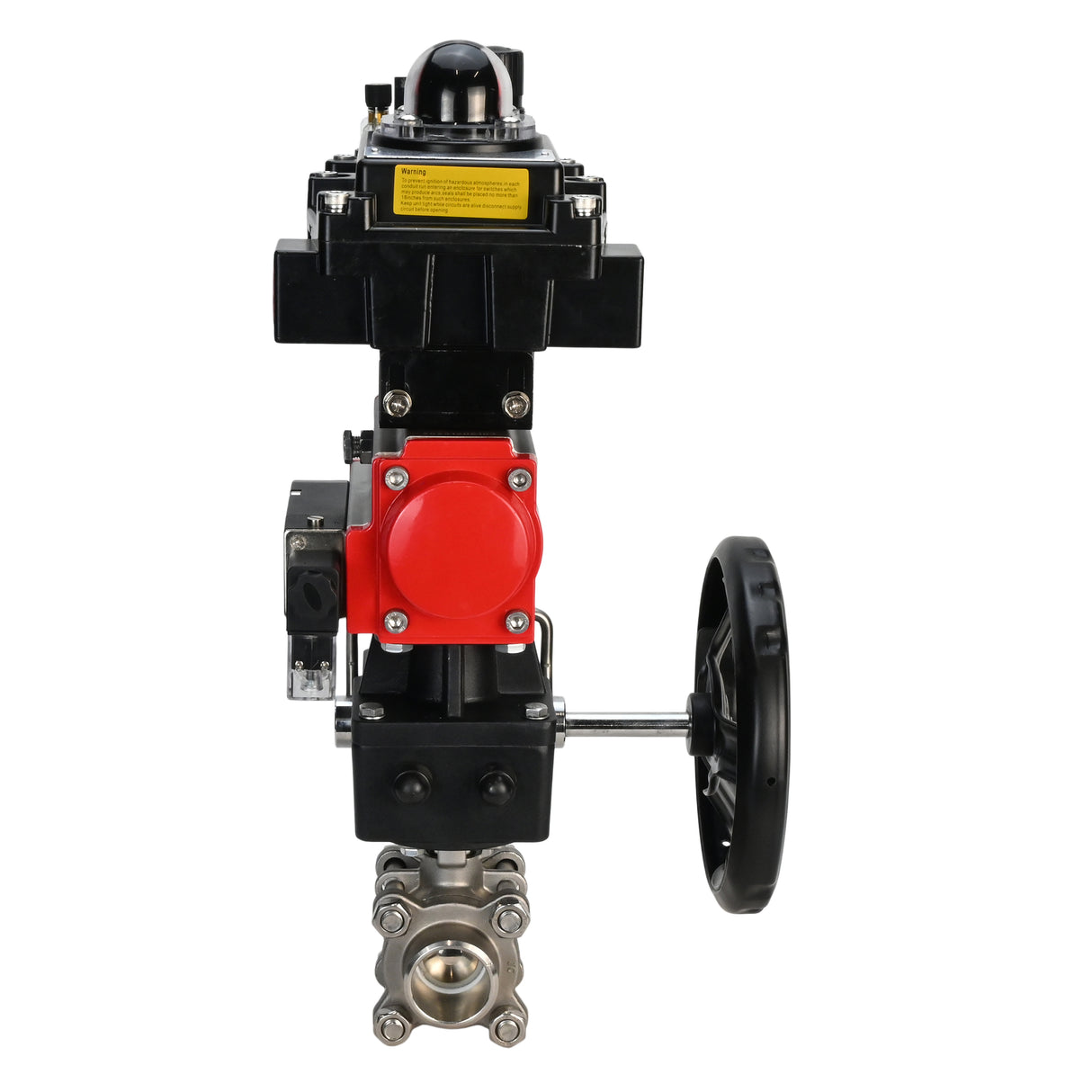 Kugelhahn aus Edelstahl Elephant BVPP 316.200-ISO PSI914 SS316 Vollport, zum Schweißen, Gehäusematerial - Edelstahl, pneumatischer Antrieb Elephant DA, pneumatischer Verteiler 4M310-08 220 V, Endschalterblock APL-410N EX, manuelle Übersteuerung HDM, Luft