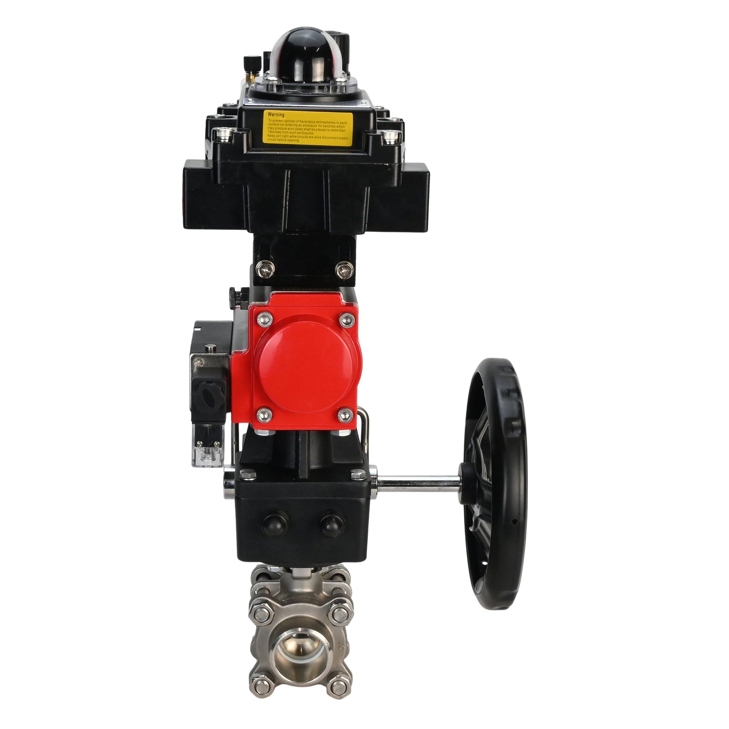 Kugelhahn aus Edelstahl Elephant BVPP 316.200-ISO PSI914 SS316 Vollport, zum Schweißen, Gehäusematerial - Edelstahl, pneumatischer Antrieb Elephant DA, pneumatischer Verteiler 4M310-08 220 V, Endschalterblock APL-410N EX, manuelle Übersteuerung HDM, Luft