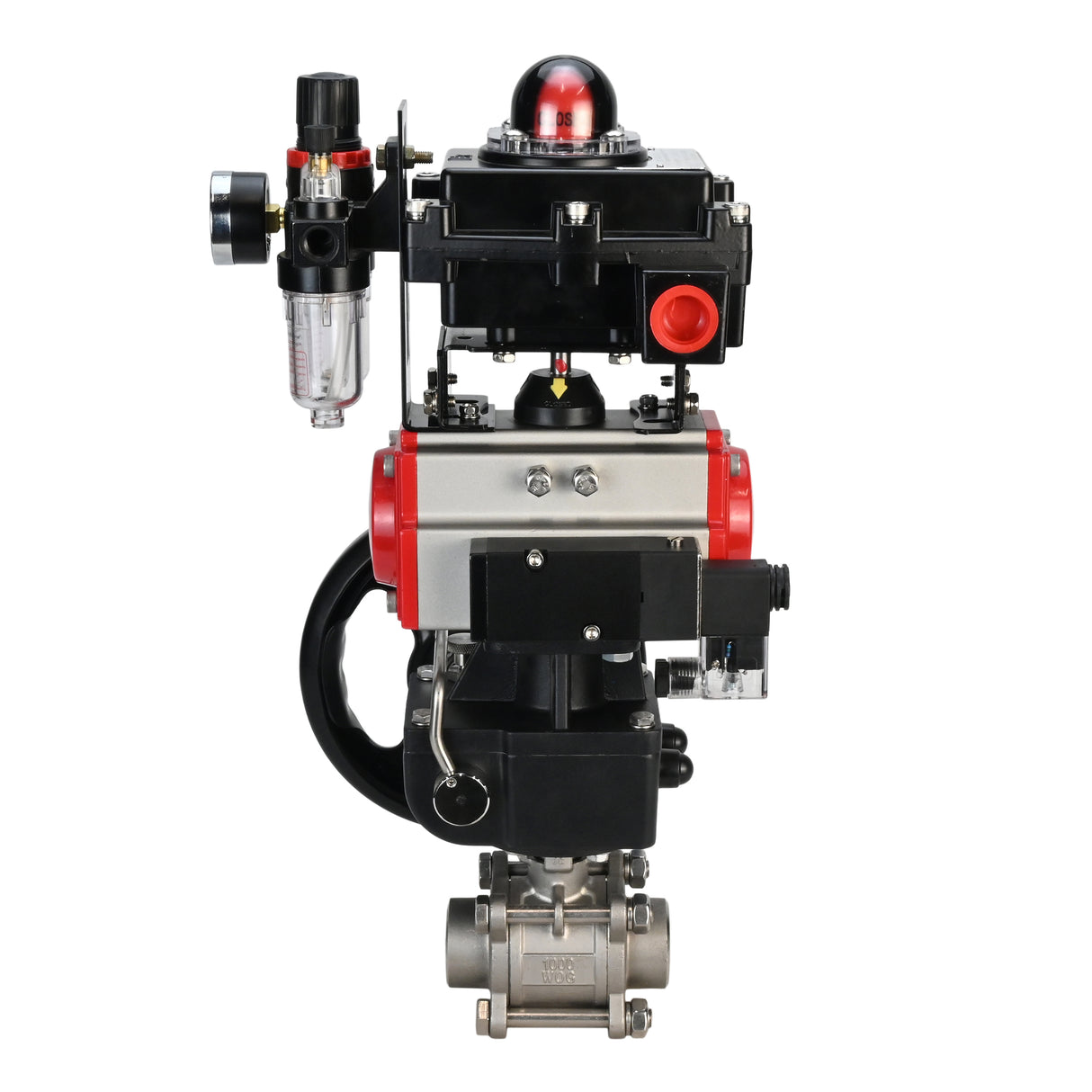 Kugelhahn aus Edelstahl Elephant BVPP 316.200-ISO PSI914 SS316 Vollport, zum Schweißen, Gehäusematerial - Edelstahl, pneumatischer Antrieb Elephant DA, pneumatischer Verteiler 4M310-08 220 V, Endschalterblock APL-410N EX, manuelle Übersteuerung HDM, Luft