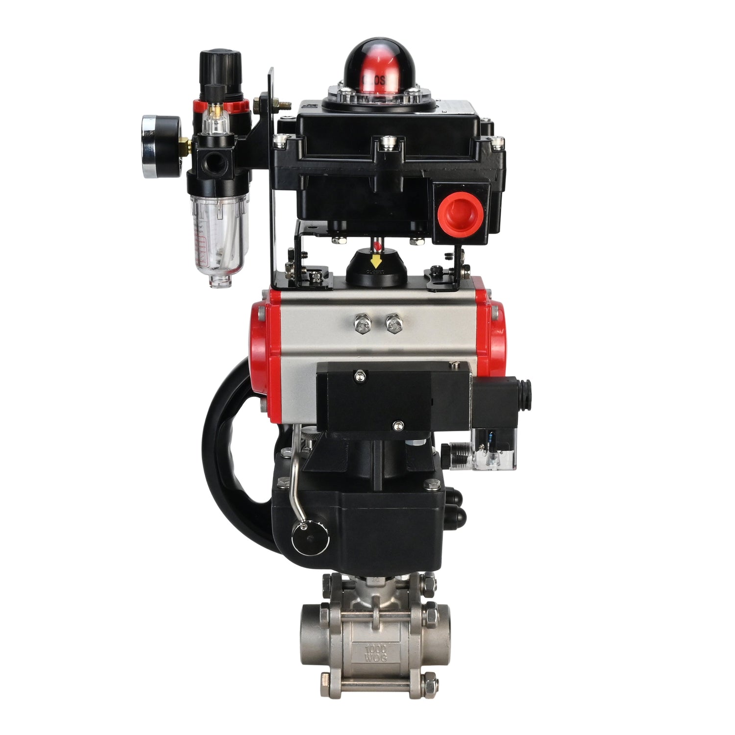 Kugelhahn aus Edelstahl Elephant BVPP 316.200-ISO PSI914 SS316 Vollport, zum Schweißen, Gehäusematerial - Edelstahl, pneumatischer Antrieb Elephant DA, pneumatischer Verteiler 4M310-08 220 V, Endschalterblock APL-410N EX, manuelle Übersteuerung HDM, Luft