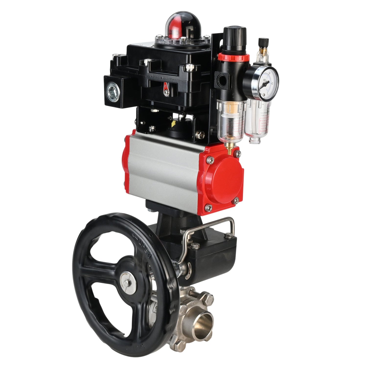 Kugelhahn aus Edelstahl Elephant BVPP 316.200-ISO PSI914 SS316 Vollport, zum Schweißen, Gehäusematerial - Edelstahl, pneumatischer Antrieb Elephant DA, pneumatischer Verteiler 4M310-08 220 V, Endschalterblock APL-410N EX, manuelle Übersteuerung HDM, Luft