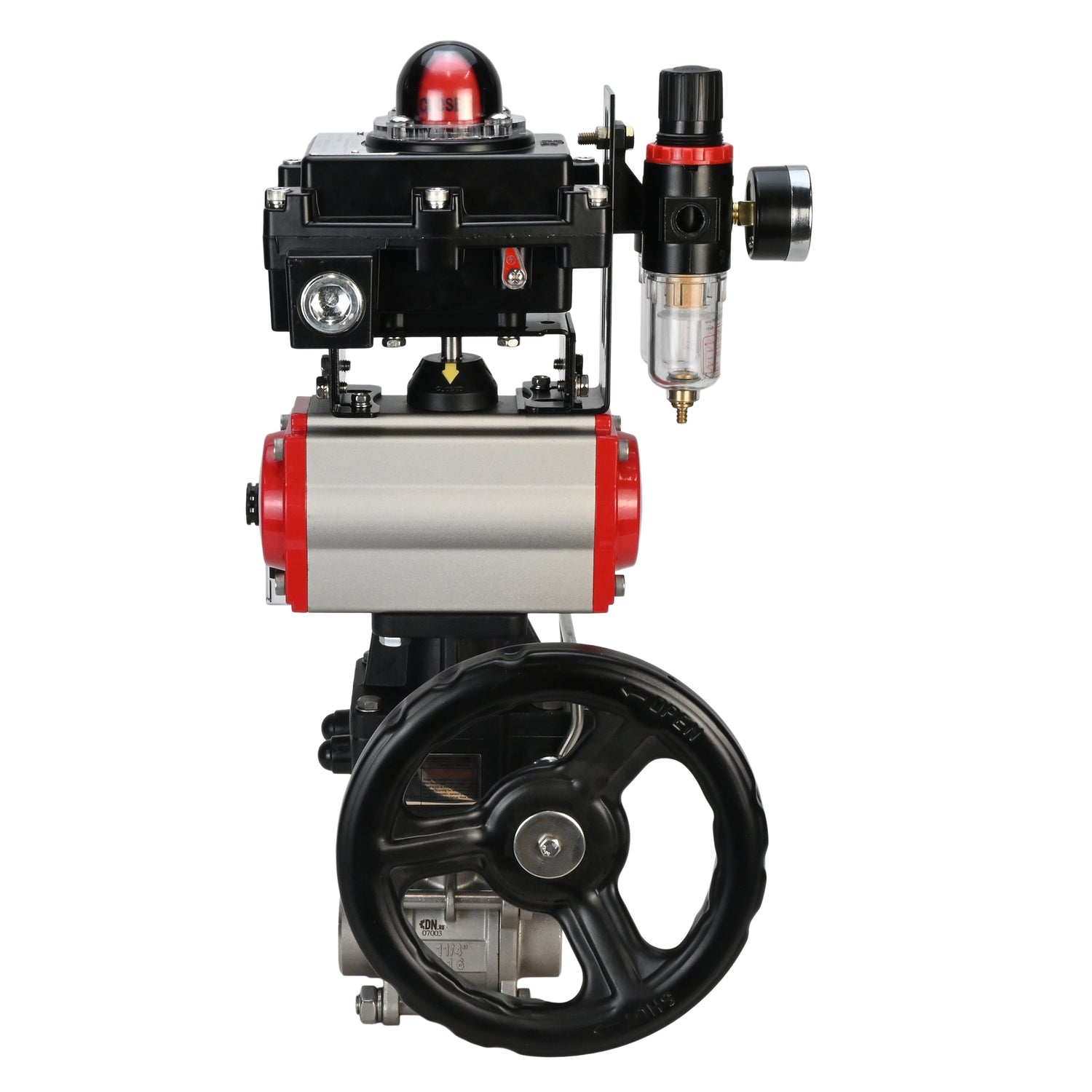 Kugelhahn aus Edelstahl Elephant BVPP 316.200-ISO PSI914 SS316 Vollport, zum Schweißen, Gehäusematerial - Edelstahl, pneumatischer Antrieb Elephant DA, pneumatischer Verteiler 4M310-08 220 V, Endschalterblock APL-410N EX, manuelle Übersteuerung HDM, Luft