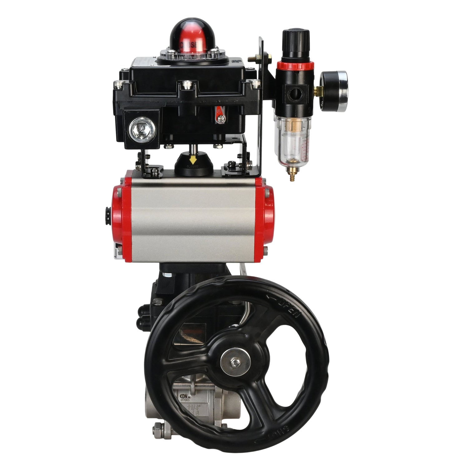 Kugelhahn aus Edelstahl Elephant BVPP 316.200-ISO PSI914 SS316 Vollport, zum Schweißen, Gehäusematerial - Edelstahl, pneumatischer Antrieb Elephant DA, pneumatischer Verteiler 4M310-08 220 V, Endschalterblock APL-410N EX, manuelle Übersteuerung HDM, Luft