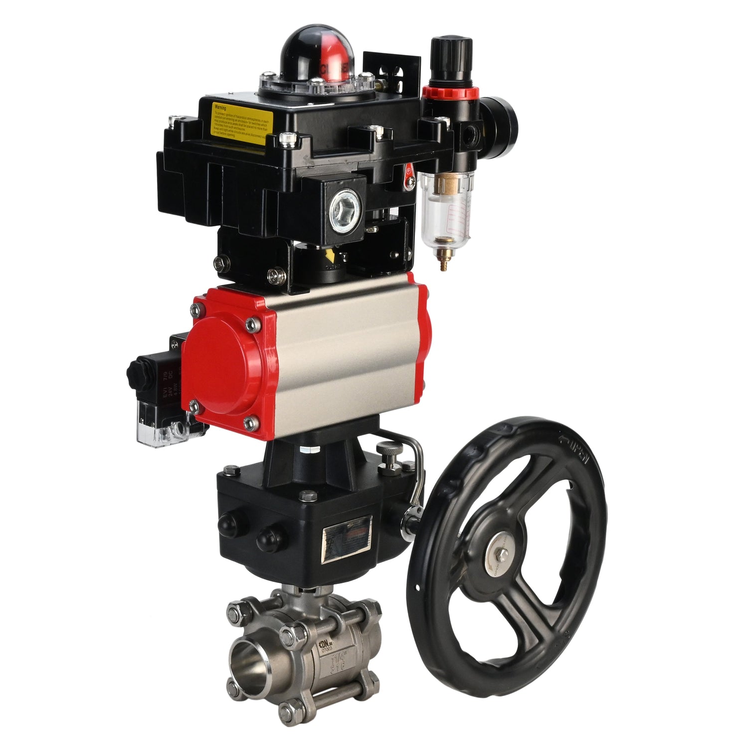 Kugelhahn aus Edelstahl Elephant BVPP 316.200-ISO PSI914 SS316 Vollport, zum Schweißen, Gehäusematerial - Edelstahl, pneumatischer Antrieb Elephant DA, pneumatischer Verteiler 4M310-08 24 V, Endschalterblock APL-410N EX, manuelle Übersteuerung HDM, Luft