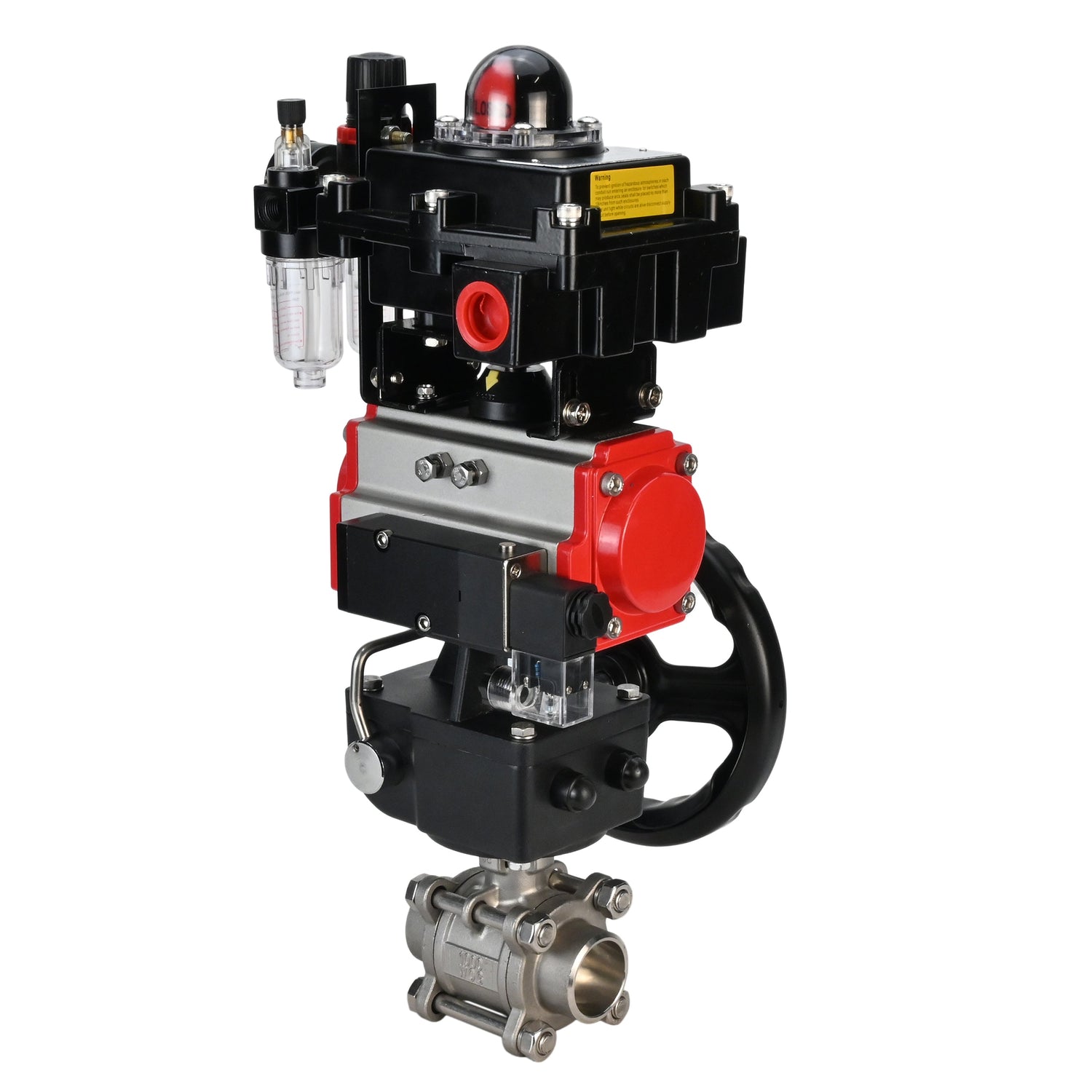 Kugelhahn aus Edelstahl Elephant BVPP 316.200-ISO PSI914 SS316 Vollport, zum Schweißen, Gehäusematerial - Edelstahl, pneumatischer Antrieb Elephant DA, pneumatischer Verteiler 4M310-08 220 V, Endschalterblock APL-410N EX, manuelle Übersteuerung HDM, Luft