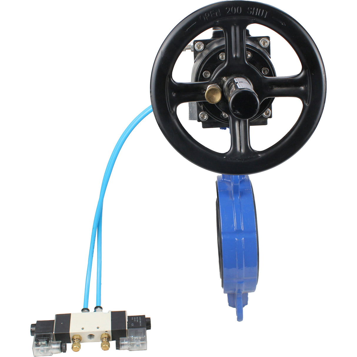 Wasser-Drosselklappe Elephant WBV1132N-2W-Fb Gehäusematerial - Gusseisen GG25/EN-GJL-250, Scheibenmaterial - Edelstahl AISI 316L/1.4404, Dichtung - NBR mit pneumatischem Antrieb doppeltwirkend PA-DA-105-1, pneumatischer Verteiler 4V320-10 220V