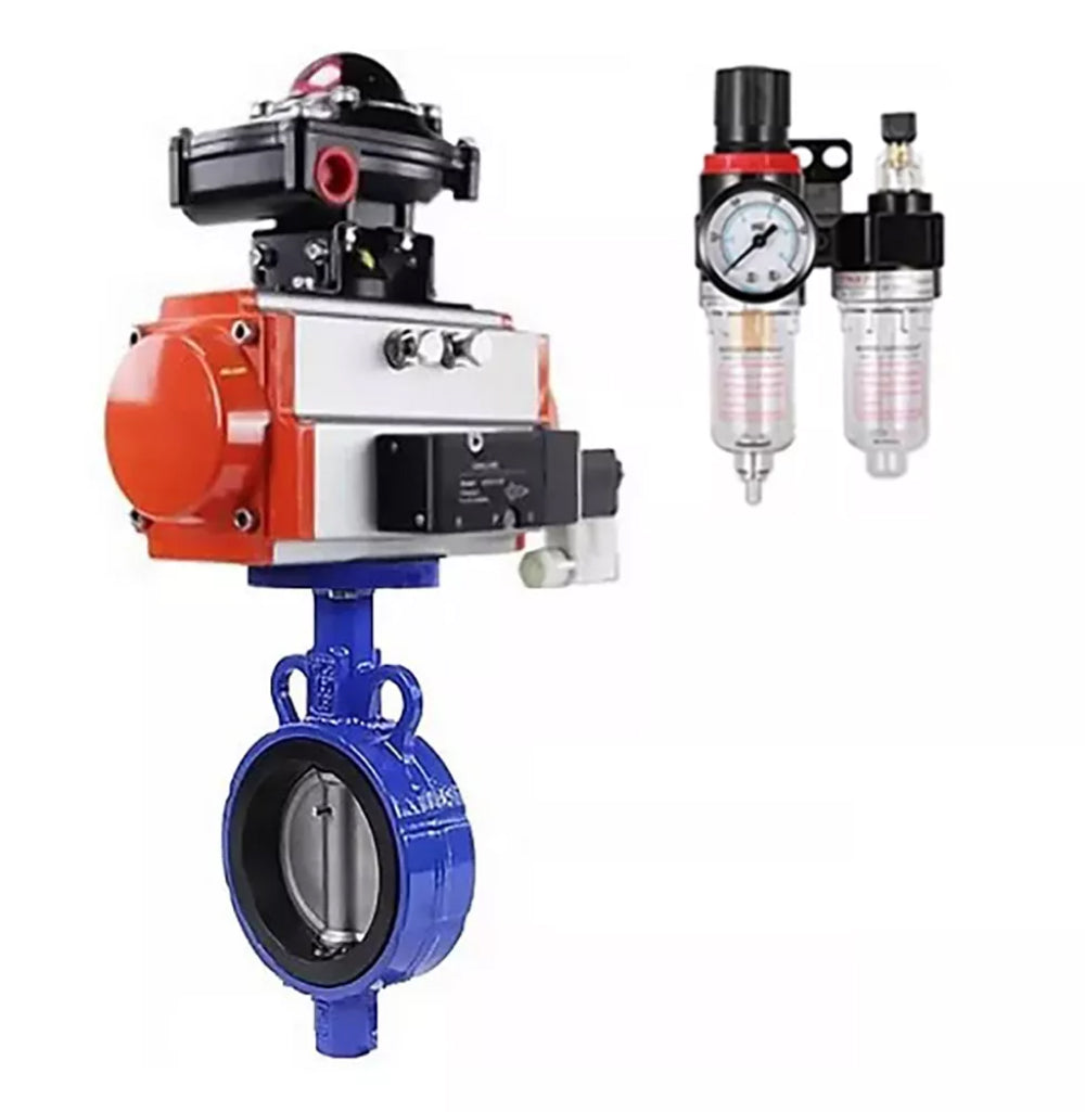 Water Butterfly Valve Elephant WBV0232E-2W-Fb-H, Gehäusematerial - Aluminiumlegierung, Scheibenmaterial - Edelstahl AISI 316L, Dichtung - EPDM, mit pneumatischem Antrieb mit Rückstellfedern PA-SA-083, 4M310-08 24V, LSU APL-510N-EX, ATU AFC2000