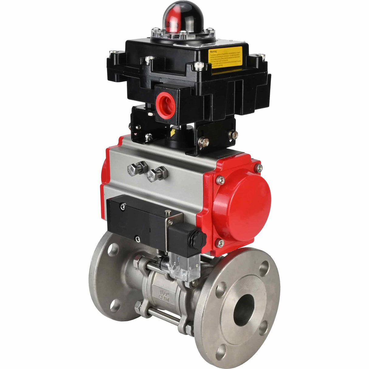 Edelstahl-Kugelhahn Elephant BVFPT-ISO.304.180 dreiteilig, Gehäusewerkstoff - Edelstahl SS304, Dichtung - PTFE, Flansch, voller Durchgang, pneumatischer Antrieb Elephant SA, pneumatischer Verteiler 4M310-08 220 V, Endschalterblock APL-410N EX