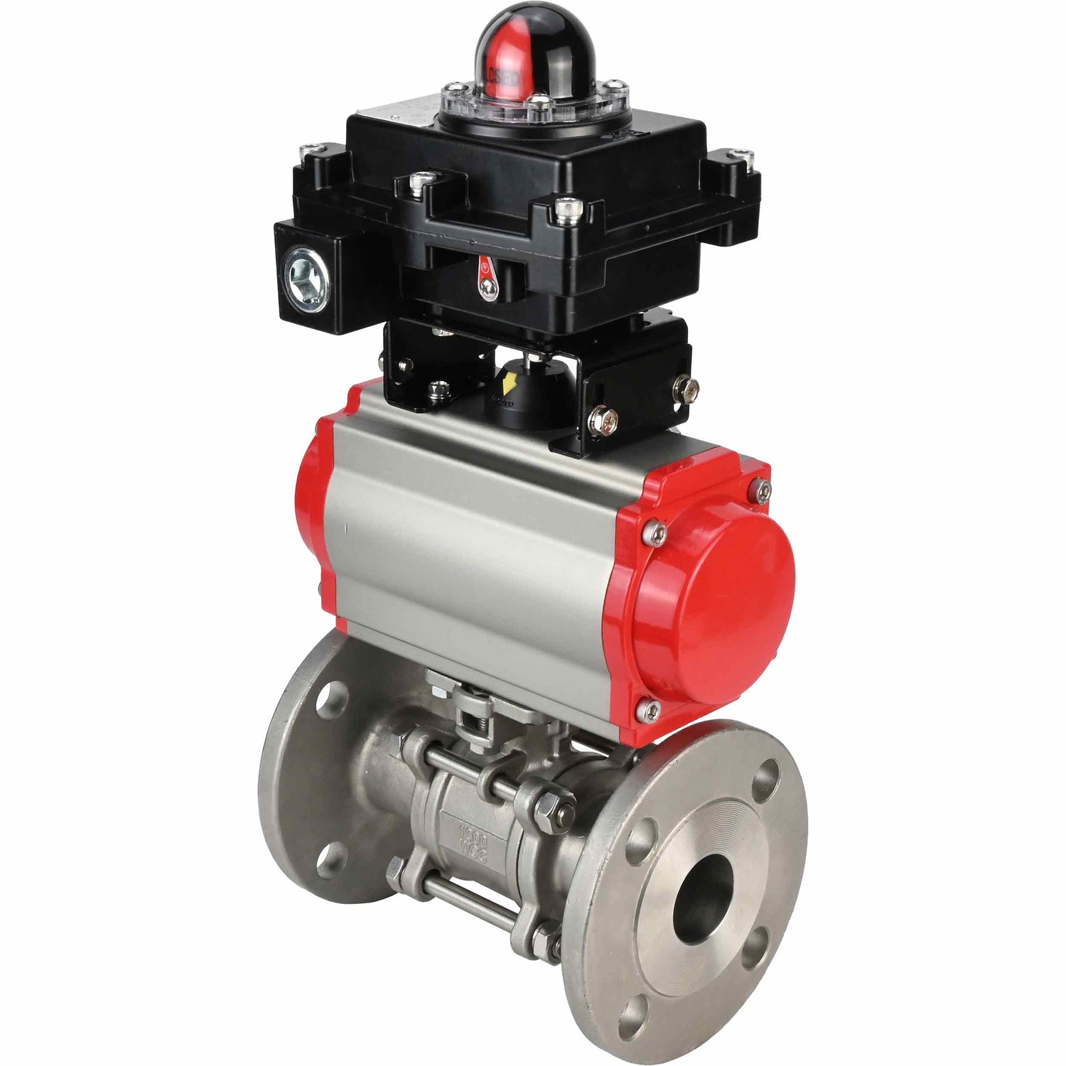 Edelstahl-Kugelhahn Elephant BVFPT-ISO.316.180 dreiteilig, Gehäusewerkstoff - Edelstahl SS316, Dichtung - PTFE, Flansch, voller Durchgang, pneumatischer Antrieb Elephant DA, pneumatischer Verteiler 4M310-08 24 V, Endschalterblock APL-410N EX