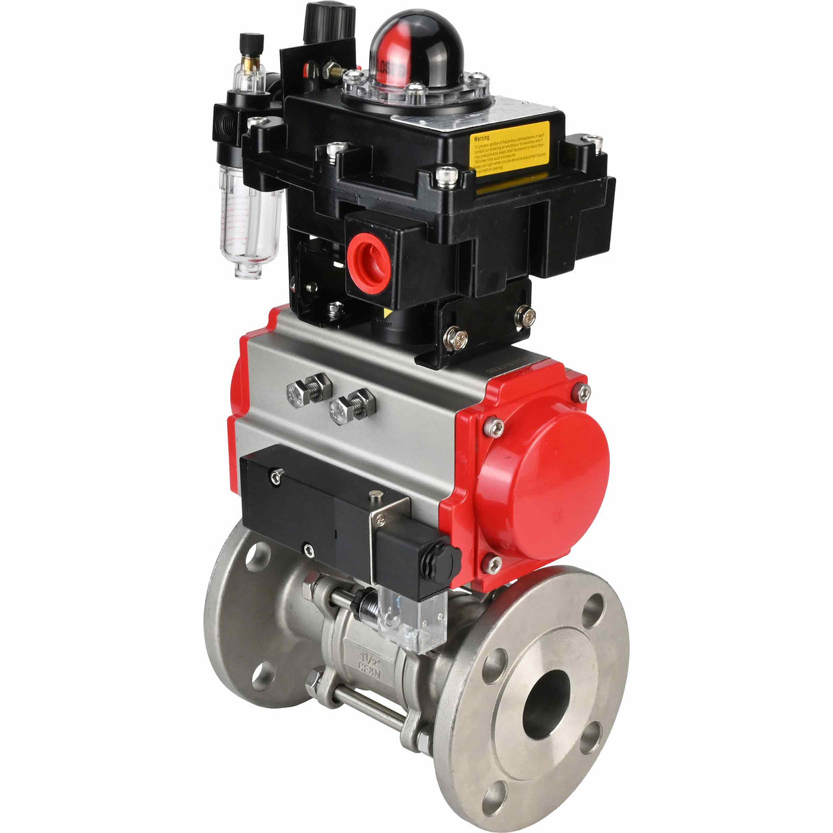 Edelstahl-Kugelhahn Elephant BVFPT-ISO.304.180 dreiteilig, Gehäusewerkstoff - Edelstahl SS304, Dichtung - PTFE, Flansch, voller Durchgang, pneumatischer Antrieb Elephant SA, pneumatischer Verteiler 4M310-08 220 V, Endschalterblock APL-410N EX, Luft