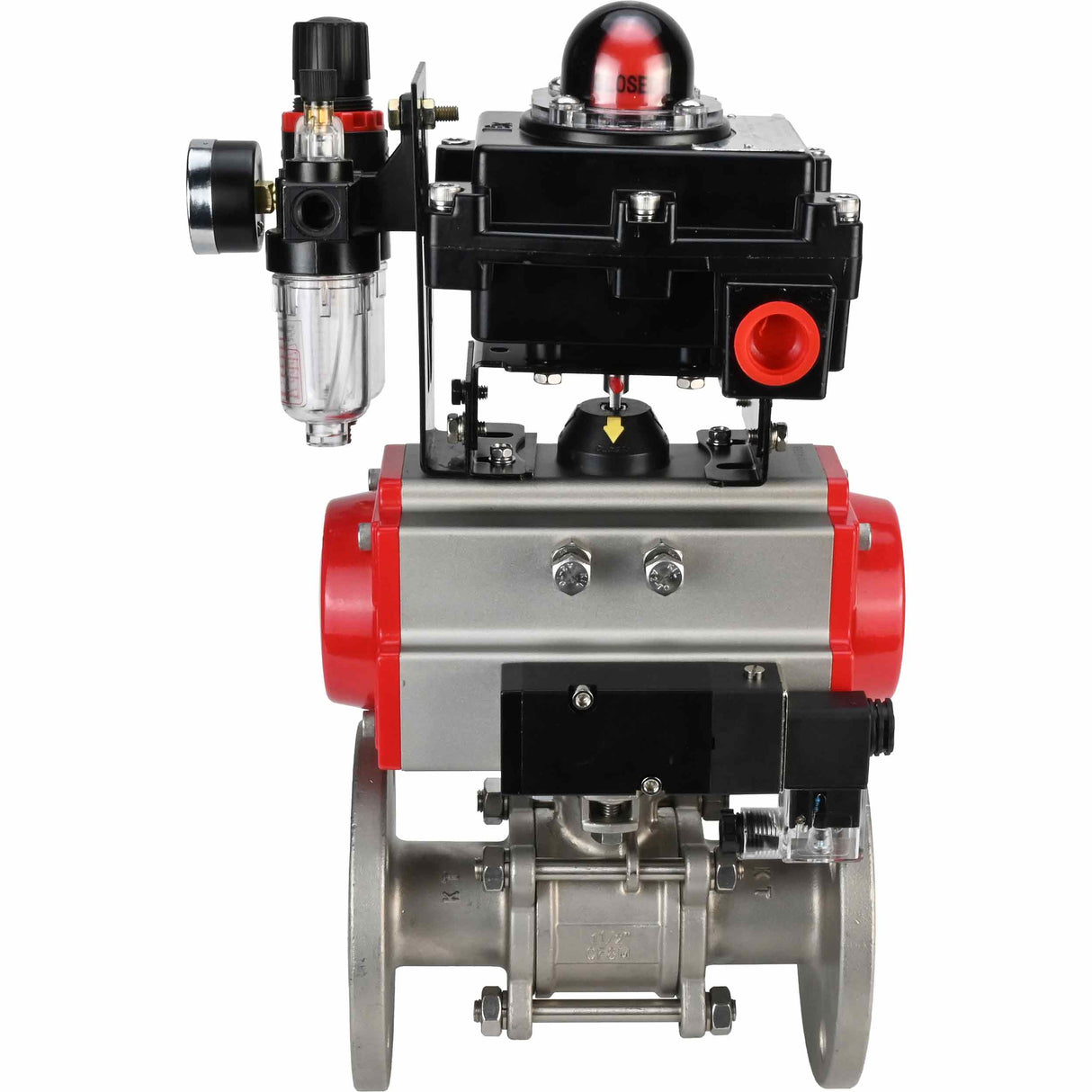 Kugelhahn aus Edelstahl Elephant BVFPT-ISO.316.180 dreiteilig, Gehäusematerial - Edelstahl SS316, Dichtung - PTFE, geflanscht, Vollbohrung, pneumatischer Antrieb Elephant DA, pneumatischer Verteiler 4M310-08 220 V, Endschalterblock APL-410N EX, Luft