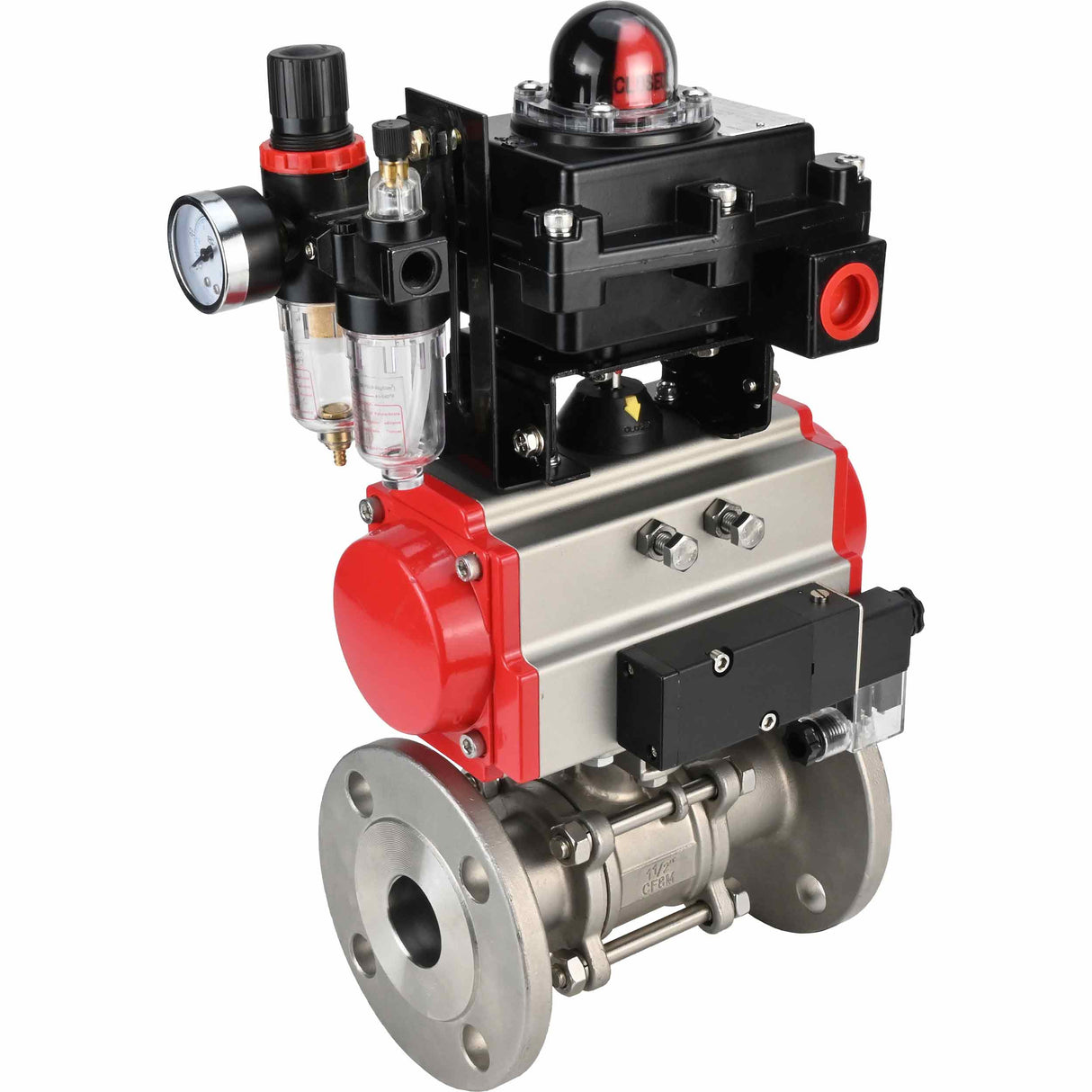 Edelstahl-Kugelhahn Elephant BVFPT-ISO.316.180 dreiteilig, Gehäusewerkstoff - Edelstahl SS316, Dichtung - PTFE, Flansch, voller Durchgang, pneumatischer Antrieb Elephant SA, pneumatischer Verteiler 4M310-08 24 V, Endschalterblock APL-410N EX, Luft