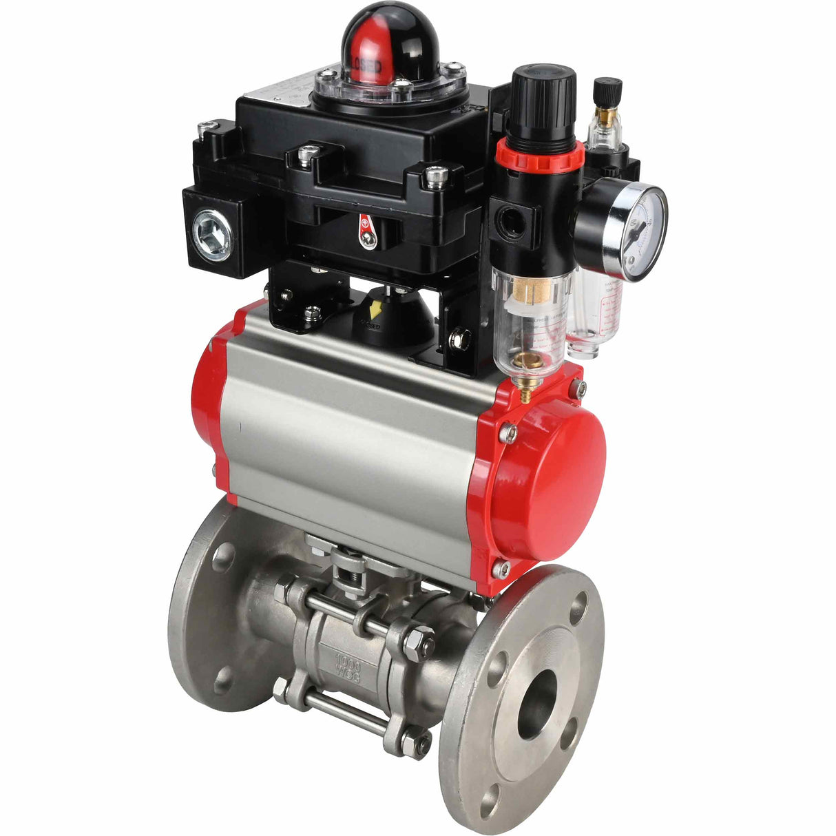 Edelstahl-Kugelhahn Elephant BVFPT-ISO.304.180 dreiteilig, Gehäusewerkstoff - Edelstahl SS304, Dichtung - PTFE, Flansch, voller Durchgang, pneumatischer Antrieb Elephant SA, pneumatischer Verteiler 4M310-08 24 V, Endschalterblock APL-410N EX, Luft