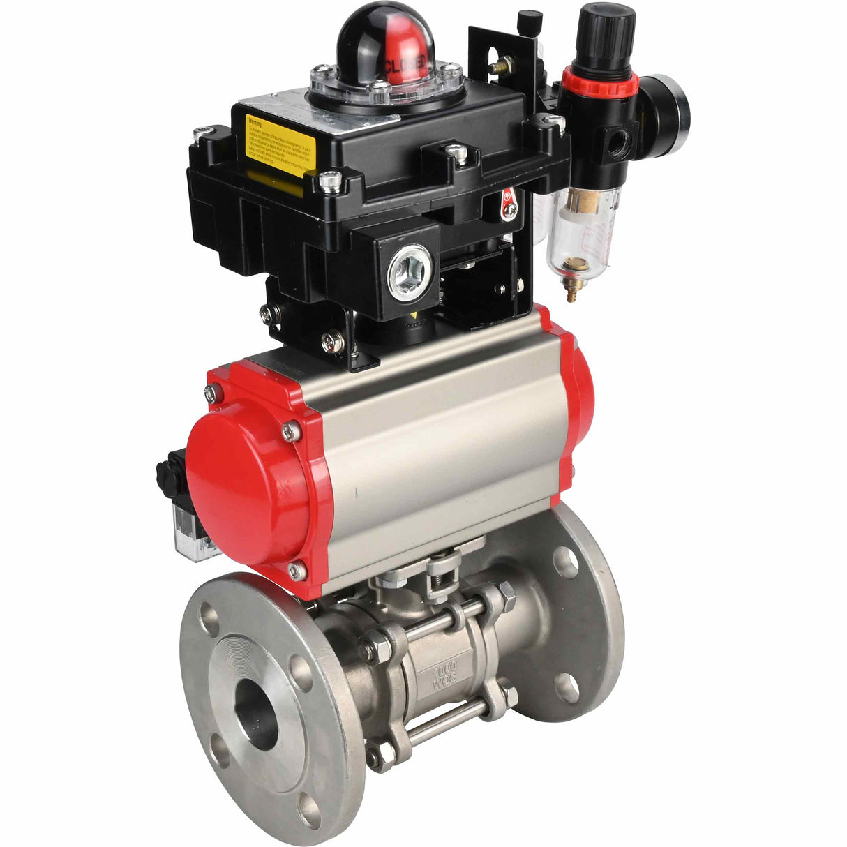 Edelstahl-Kugelhahn Elephant BVFPT-ISO.316.180 dreiteilig, Gehäusewerkstoff - Edelstahl SS316, Dichtung - PTFE, Flansch, voller Durchgang, pneumatischer Antrieb Elephant DA, pneumatischer Verteiler 4M310-08 24 V, Endschalterblock APL-410N EX, Luft