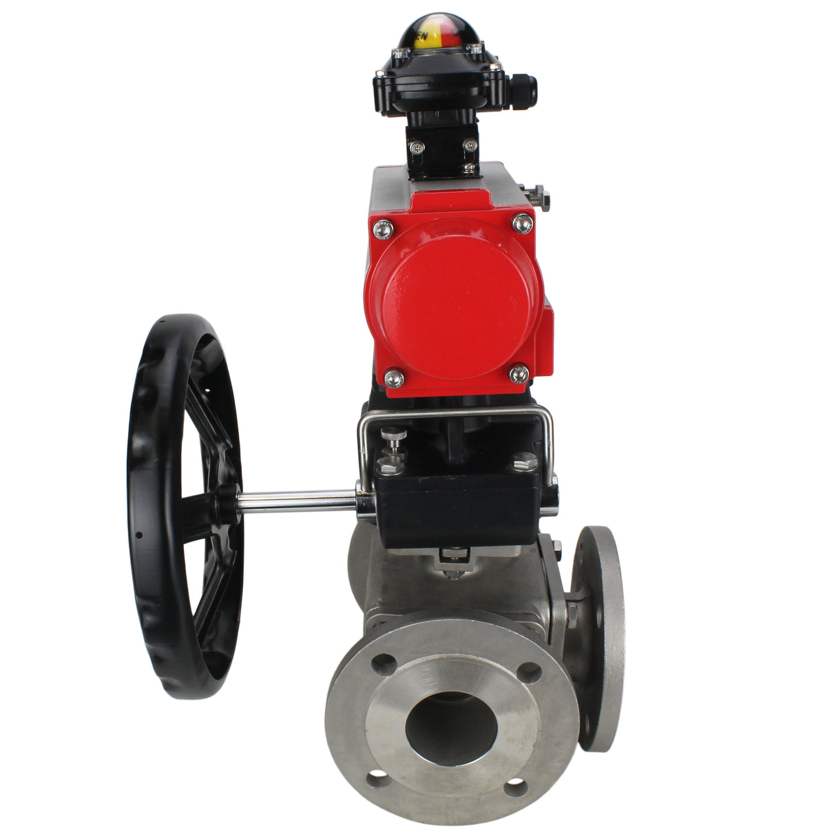 Kugelhähne Elephant BV3232P(4 Stück)-FP-3WL-F-ISO-H 16 bar Vollbohrung, geflanscht, Gehäuse - Edelstahl SS316, ISO-Flansch F03/F04-F10/F12, quadratisch 9x9-19x19, mit pneumatischem Antrieb PA-DA Doppelwirkung, LSU APL-210N und manuell Doubler MON3-700-T38