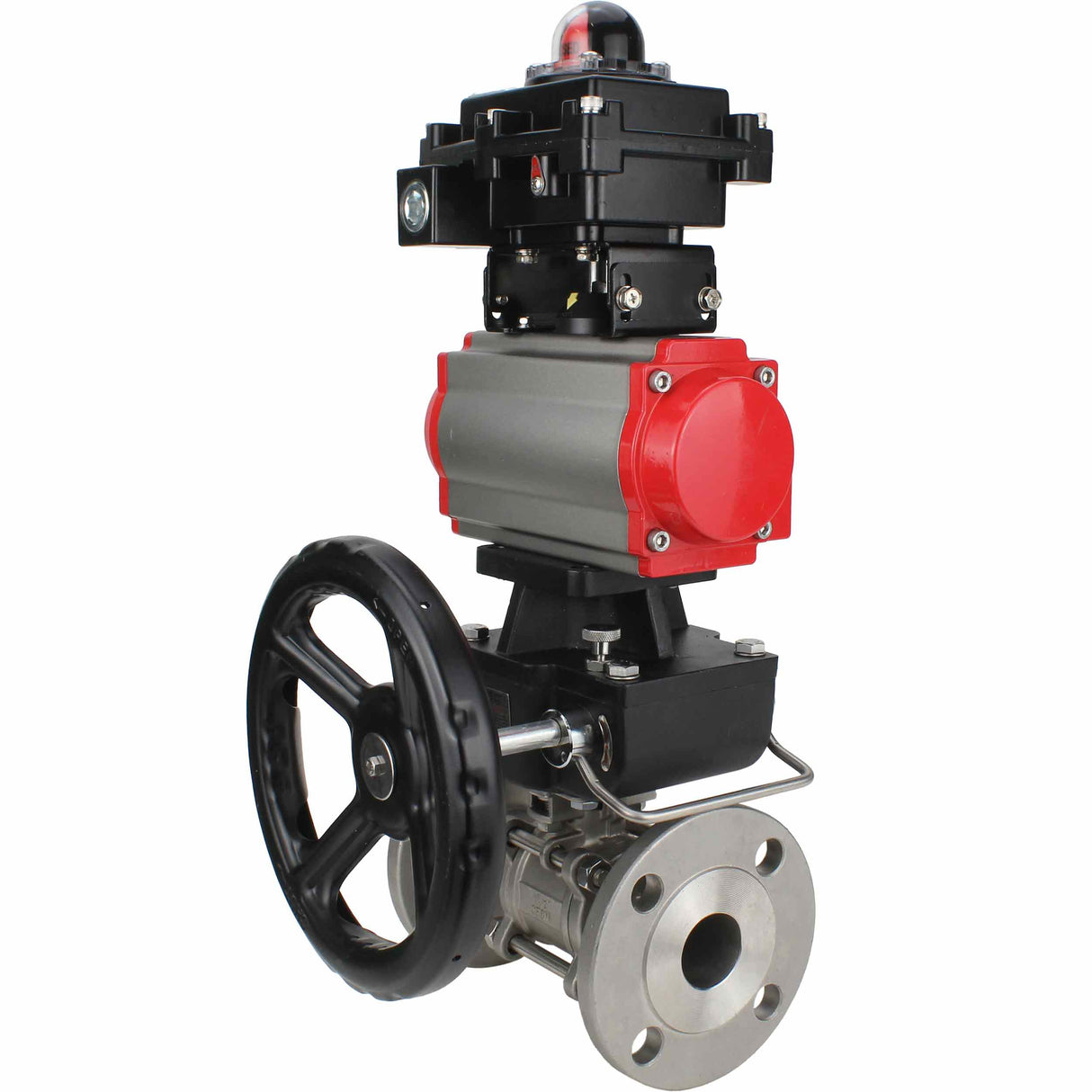 Edelstahl-Kugelhahn Elephant BVFPT-ISO.304.180 dreiteilig, Gehäusewerkstoff - Edelstahl SS304, Dichtung - PTFE, Flansch, voller Durchgang, pneumatischer Antrieb Elephant DA, Endschalterblock APL-410N EX, Handnotbetätigung HDM