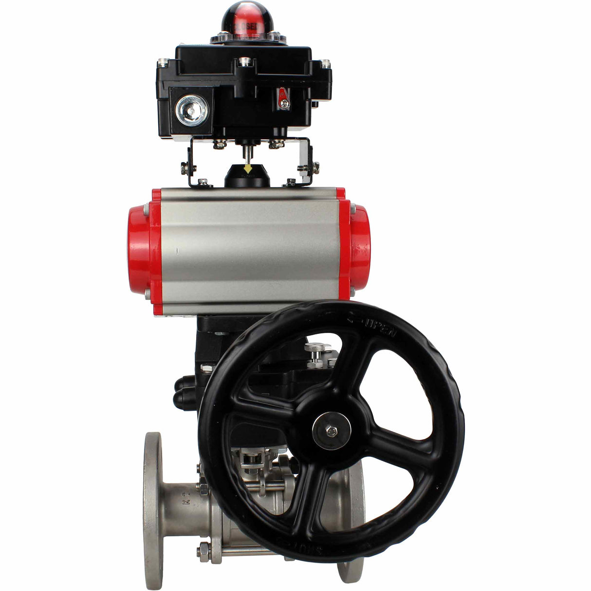 Edelstahl-Kugelhahn Elephant BVFPT-ISO.304.180 dreiteilig, Gehäusewerkstoff - Edelstahl SS304, Dichtung - PTFE, Flansch, voller Durchgang, pneumatischer Antrieb Elephant DA, pneumatischer Verteiler 4M310-08 24 V, Endschalterblock APL-410N EX, manuell