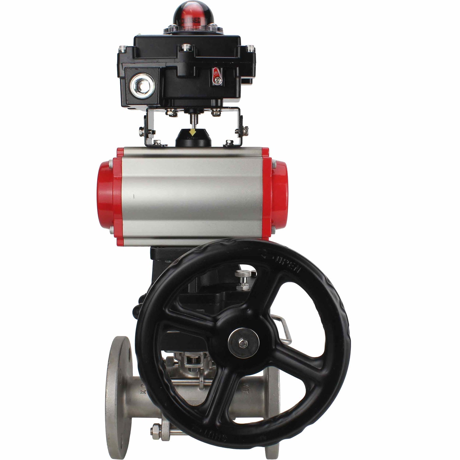 Edelstahl-Kugelhahn Elephant BVFPT-ISO.316.180 dreiteilig, Gehäusewerkstoff - Edelstahl SS316, Dichtung - PTFE, Flansch, voller Durchgang, pneumatischer Antrieb Elephant DA, Endschalterblock APL-410N EX, Handnotbetätigung HDM