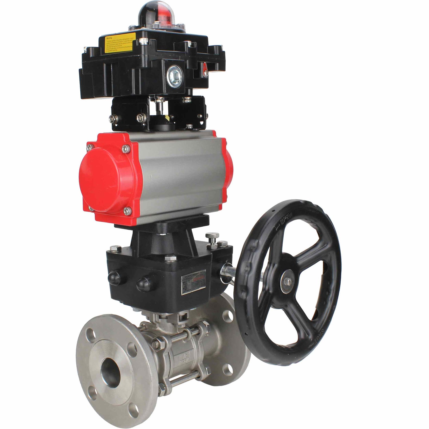 Edelstahl-Kugelhahn Elephant BVFPT-ISO.316.180 dreiteilig, Gehäusewerkstoff - Edelstahl SS316, Dichtung - PTFE, Flansch, voller Durchgang, pneumatischer Antrieb Elephant DA, Endschalterblock APL-410N EX, Handnotbetätigung HDM